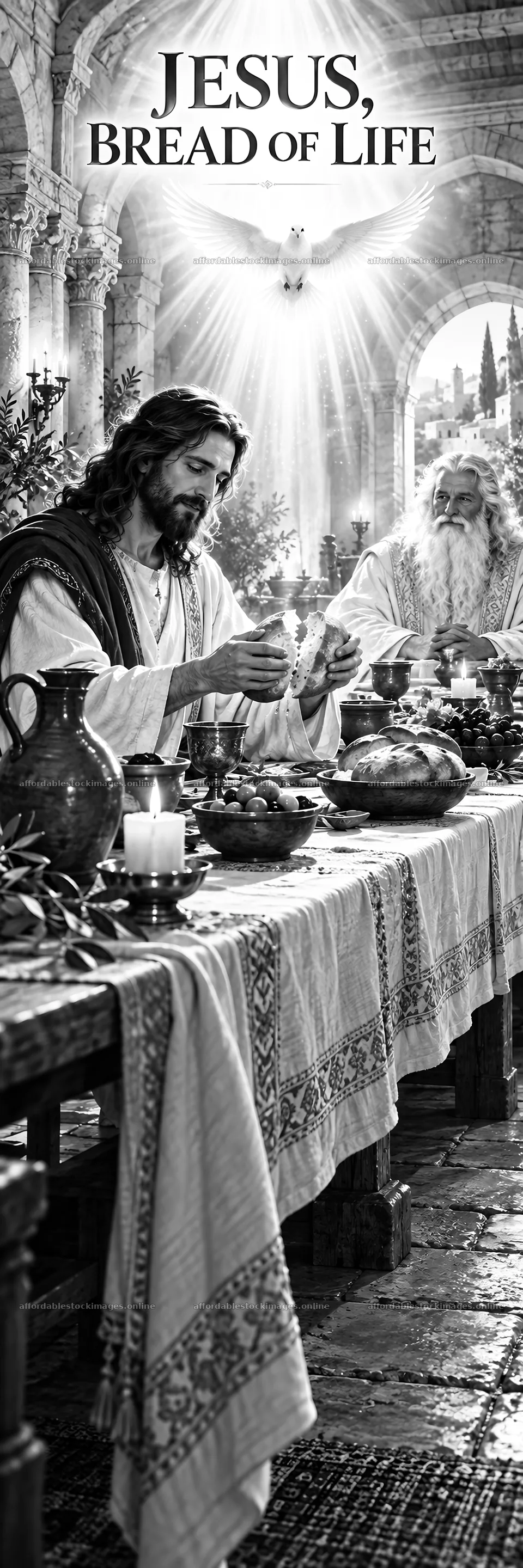 Jesus Christ sharing a meal with his disciples – stock images 4472x13417