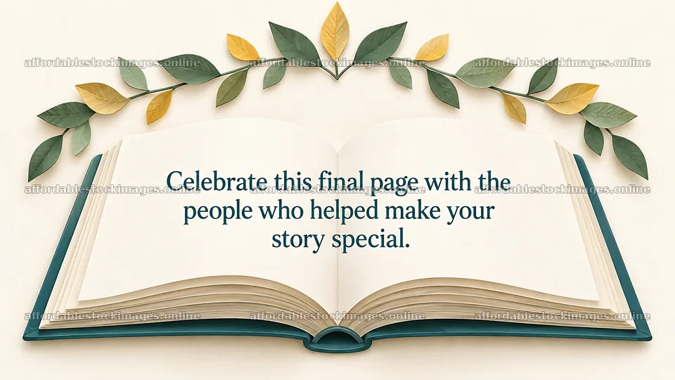 Graduation Greeting with Open Book and Leaf Wreath – stock images 10324x5812