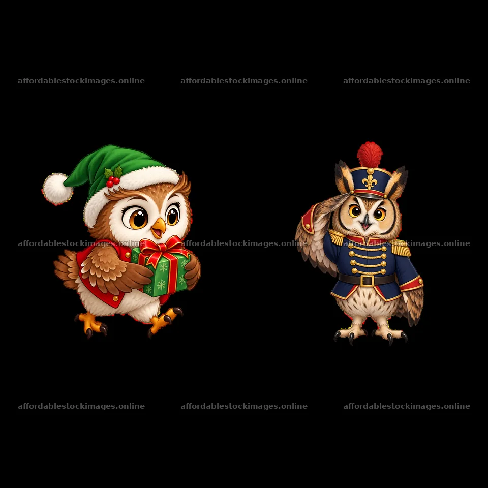 Christmas owls in festive hats and attire holding gifts – stock images 7746x7746