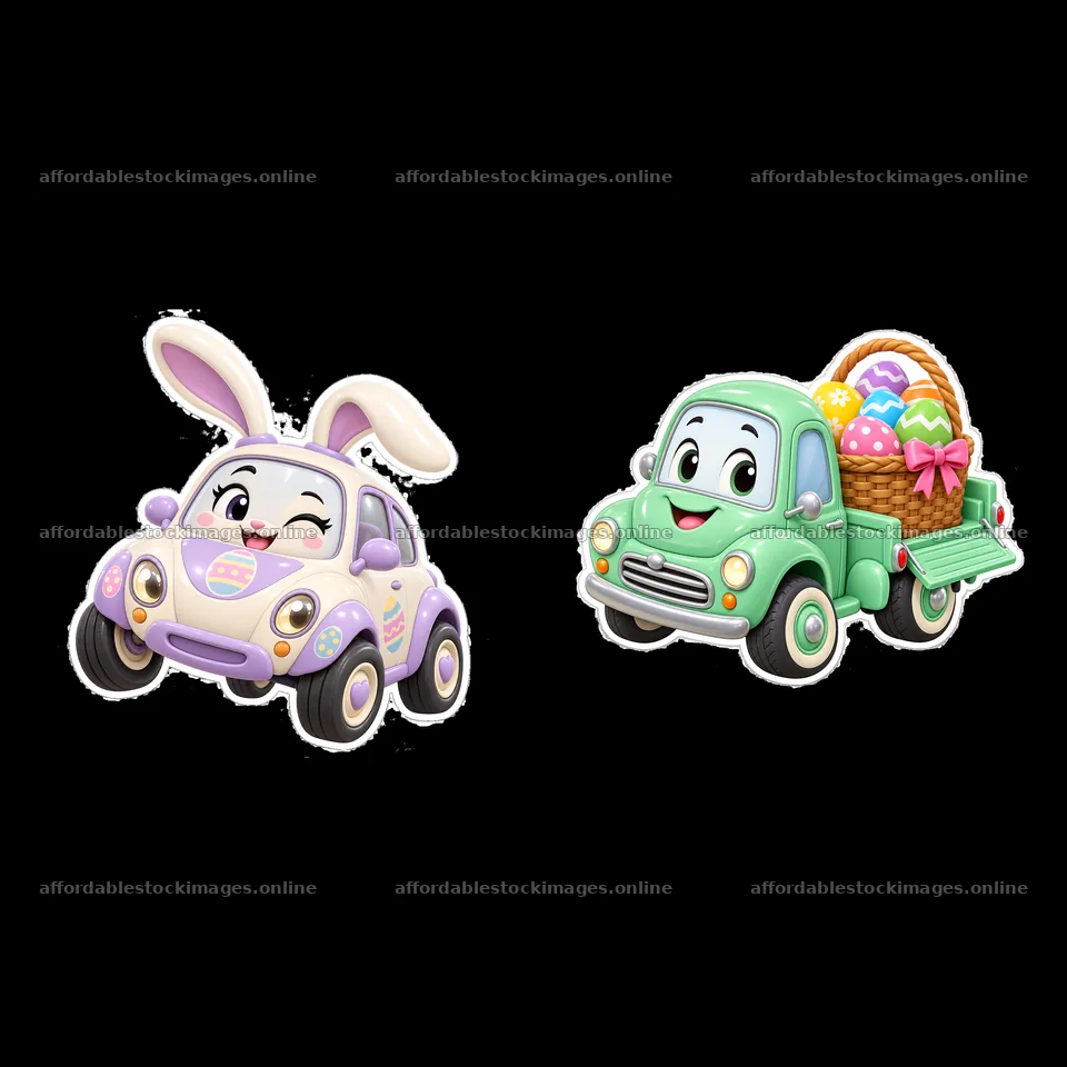 Easter bunny car and delivery truck with colorful eggs – stock images 7746x7746