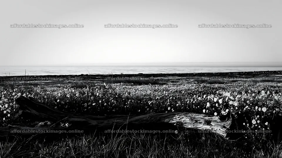 Chiba coastal meadow with driftwood in black and white – stock images 10608x5938