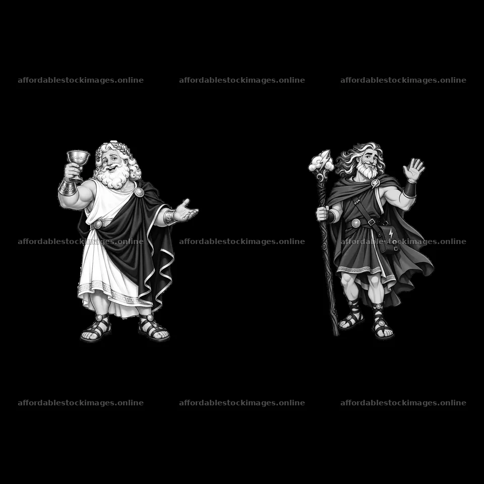 Zeus with goblet and staff, cartoon stickers, black and white – stock images 7746x7746