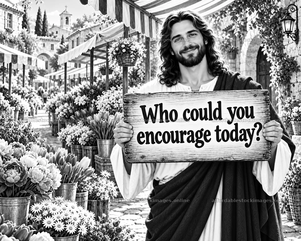 Jesus Christ encouraging others in a market scene – stock images 8659x6930