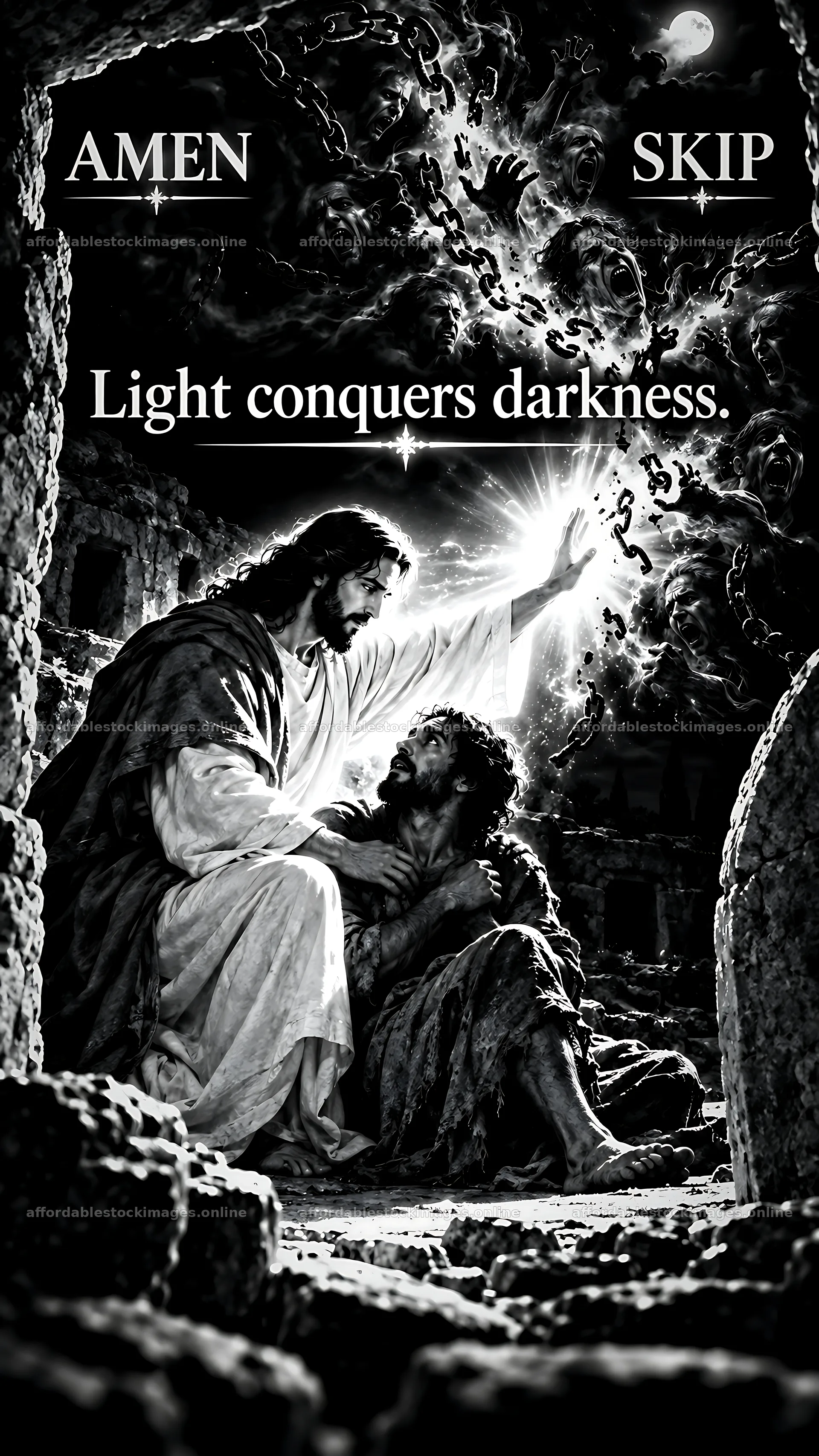 Jesus Christ comforting a suffering man in a dark setting – stock images 5954x10580
