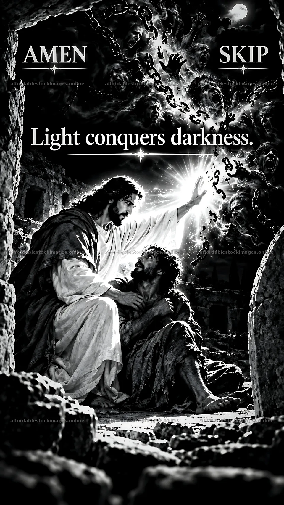 Jesus Christ comforting a suffering man in a dark setting – stock images 5954x10580
