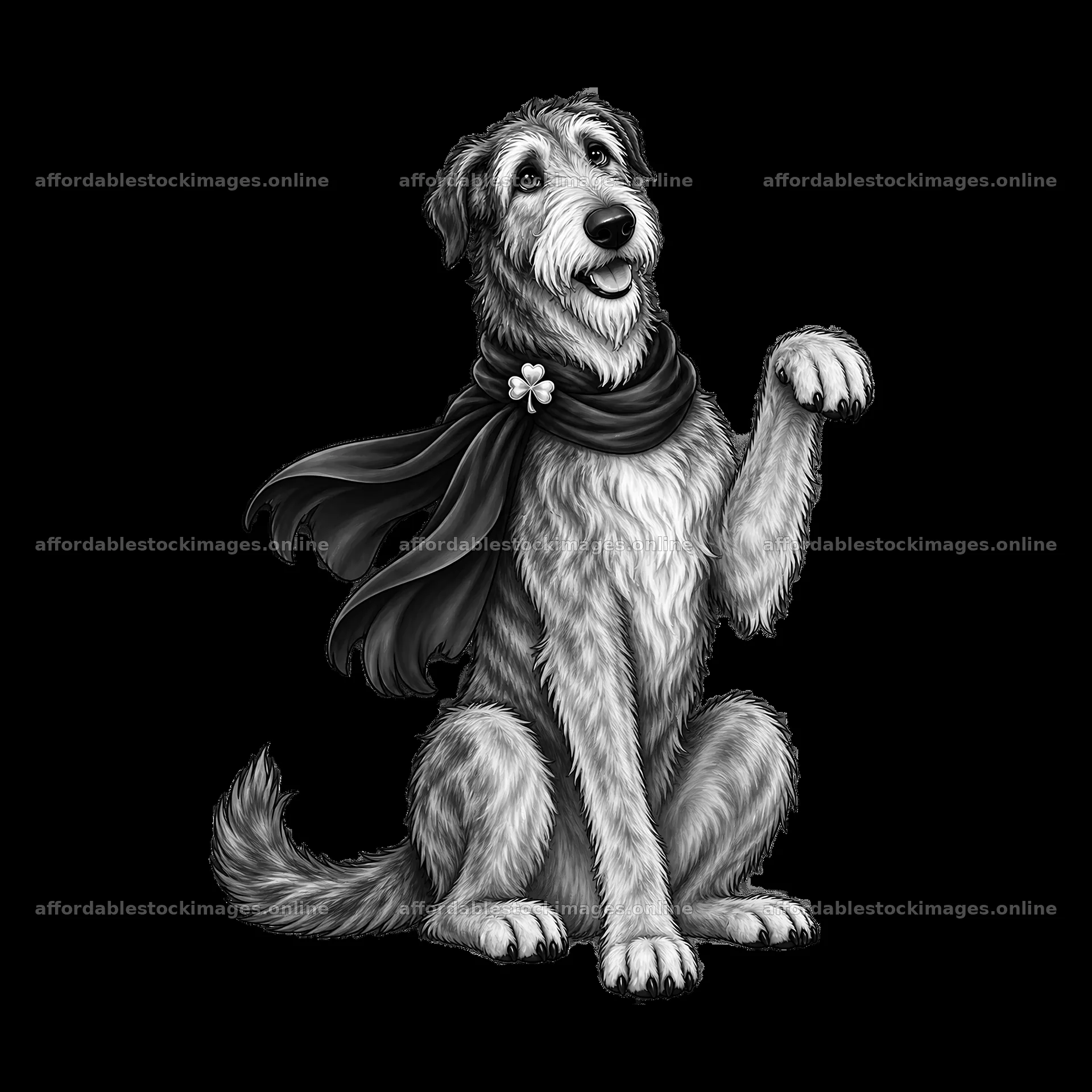 Dog wearing a scarf waving with a flower for St. Patrick's Day – stock images 7746x7746