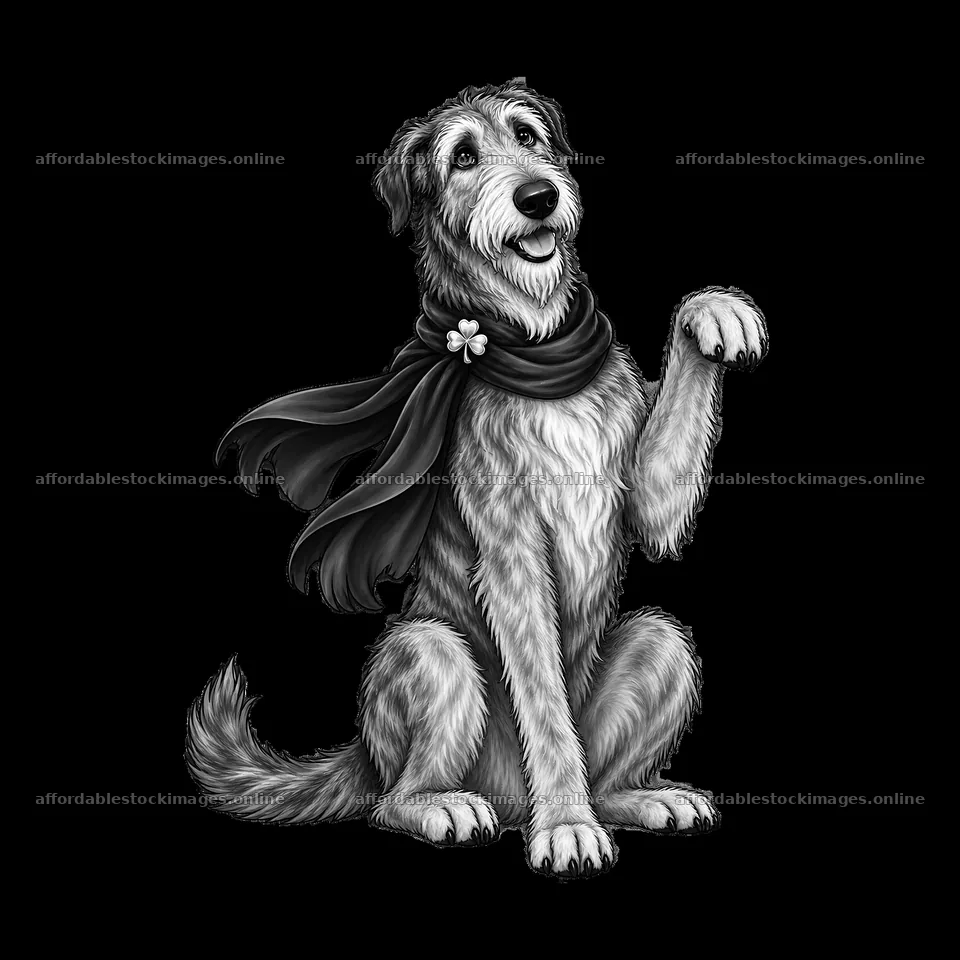 Dog wearing a scarf waving with a flower for St. Patrick's Day – stock images 7746x7746