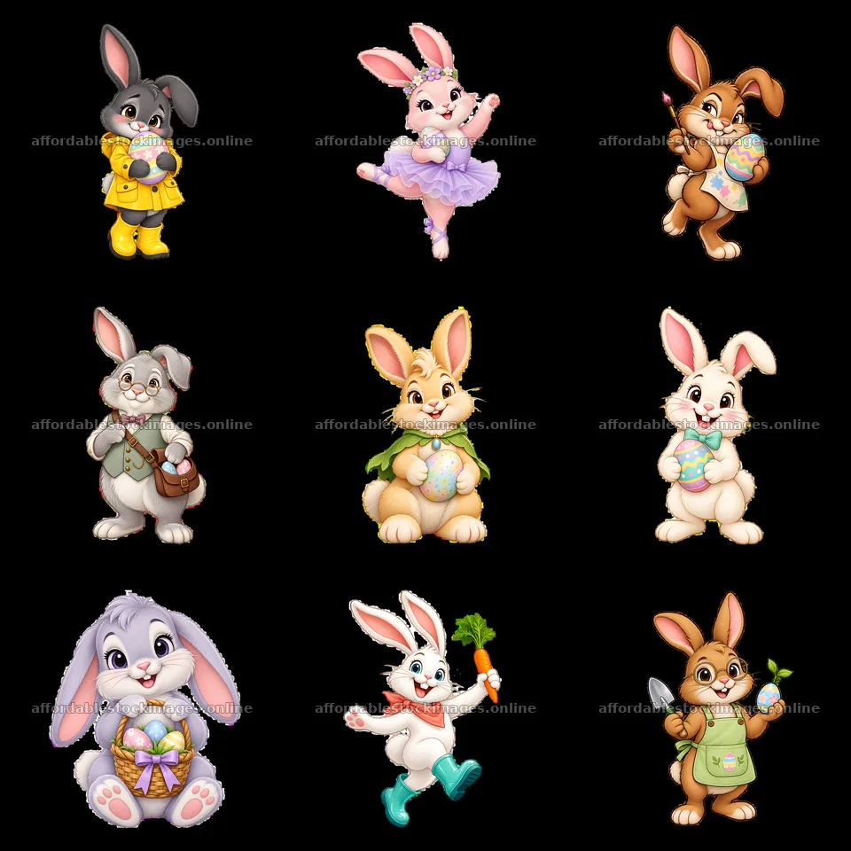 Easter bunnies in various poses with colorful eggs and – stock images 7746x7746
