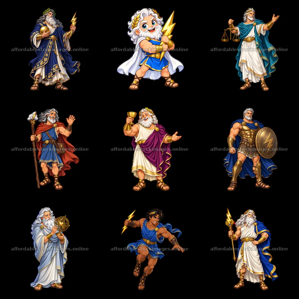 Zeus in various poses showcasing mythology and power – stock images 7746x7746