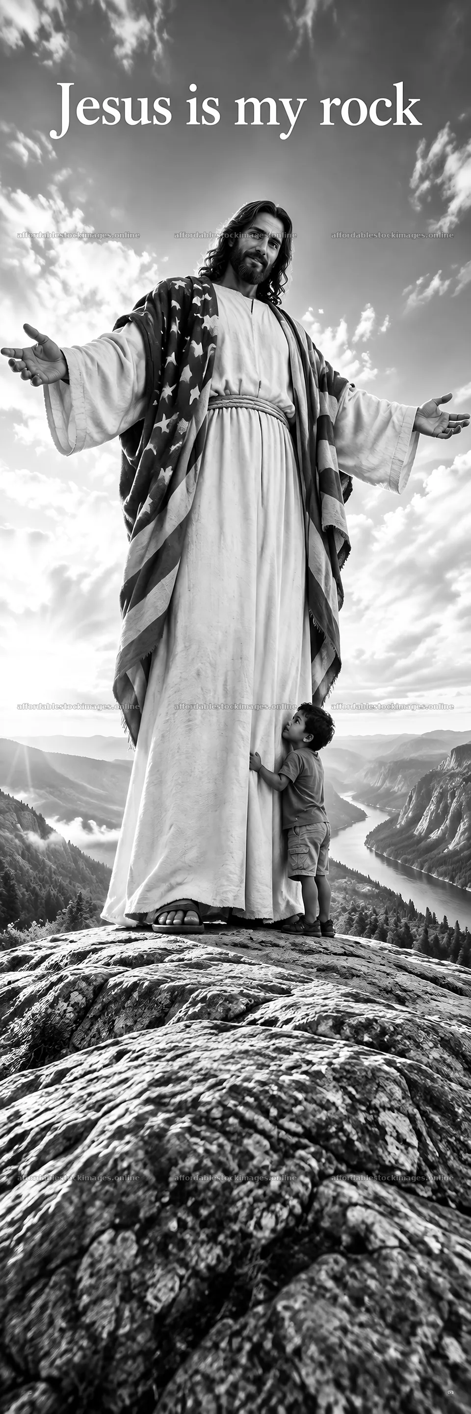 Jesus Christ welcoming a child in a natural setting – stock images 4472x13417