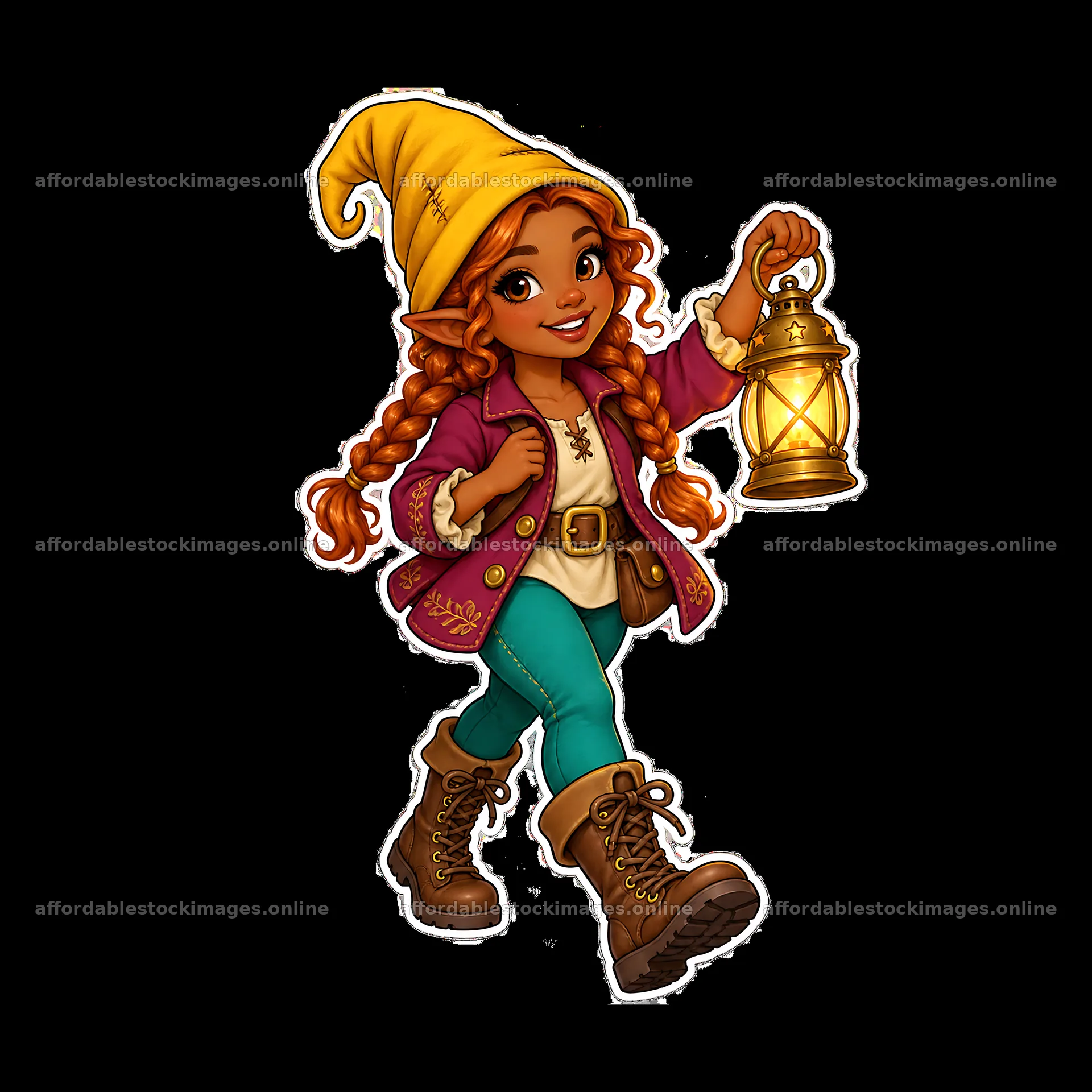 Gnome girl holding a lantern wearing a yellow hat and boots – stock images 7746x7746