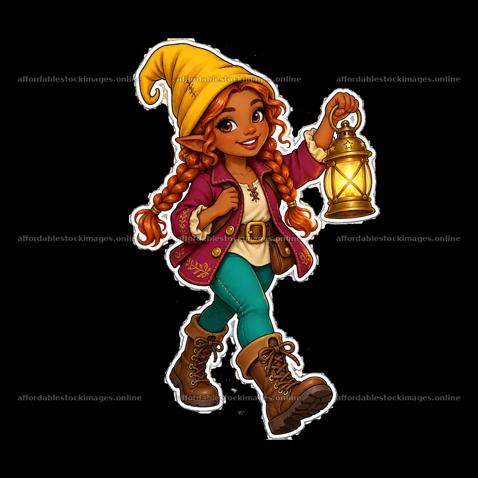 Gnome girl holding a lantern wearing a yellow hat and boots – stock images 7746x7746