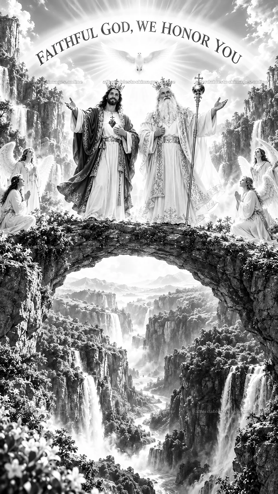 Jesus Christ and God on the bridge in a heavenly scene – stock images 5811x10326