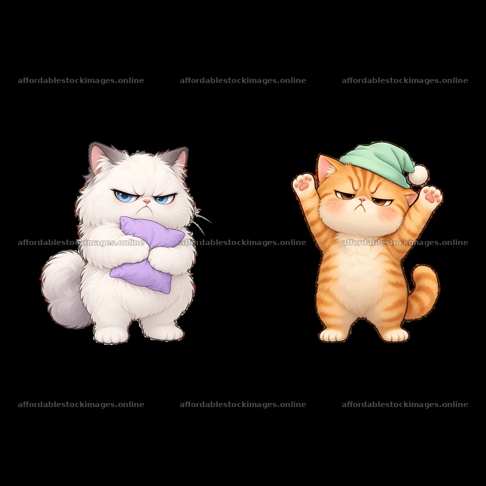 Kawaii grumpy cats with pillows and hats in playful poses – stock images 7746x7746