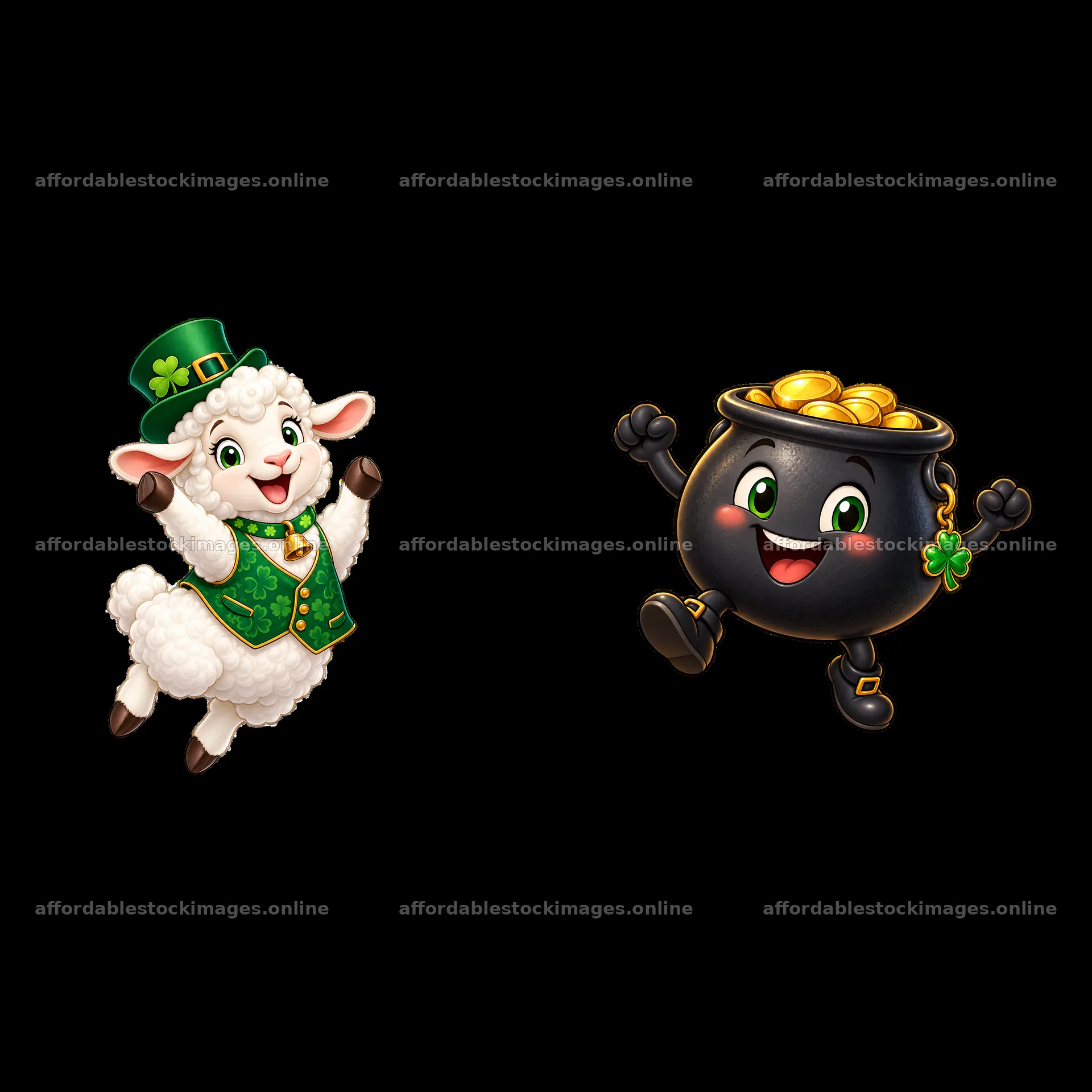 Cute sheep and pot of gold cartoon stickers for St. Patrick's – stock images 7746x7746