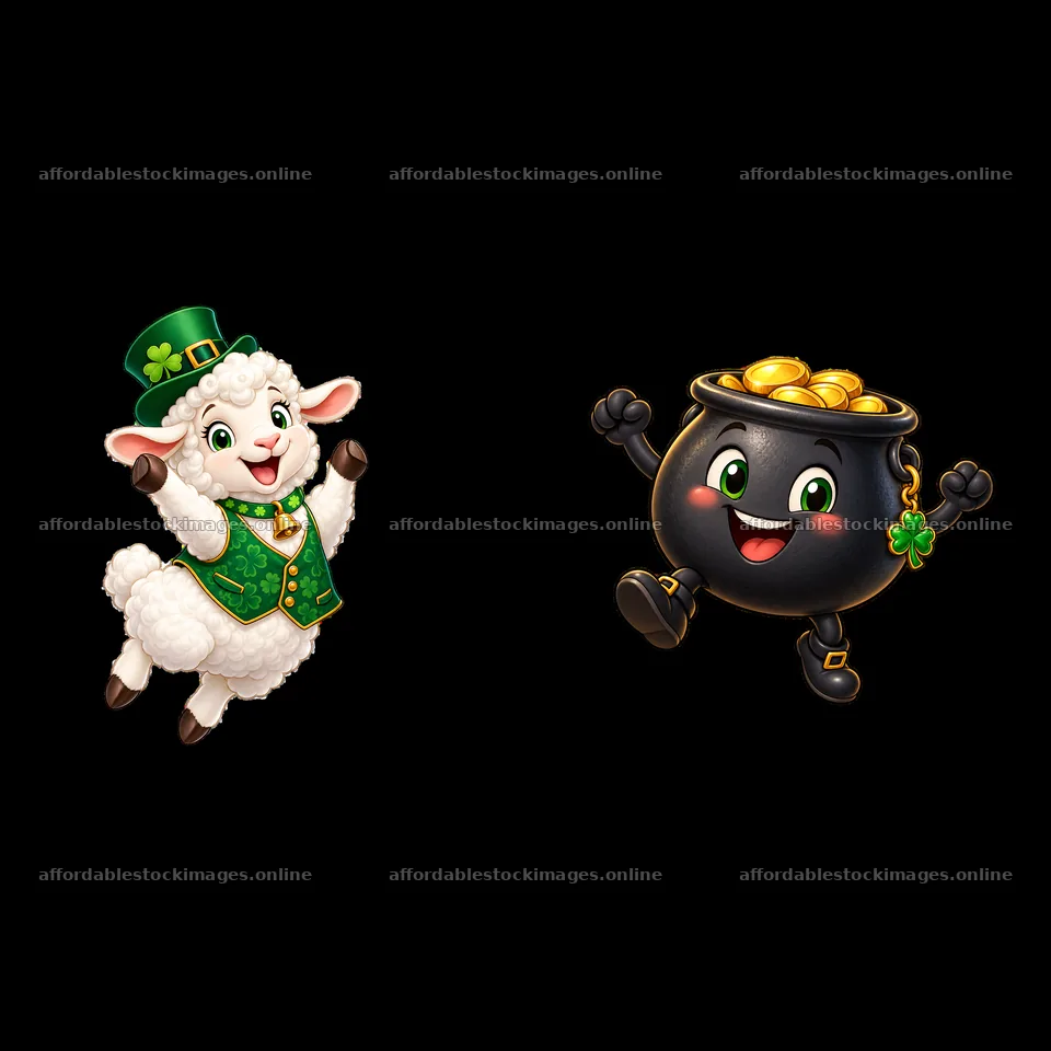 Cute sheep and pot of gold cartoon stickers for St. Patrick's – stock images 7746x7746