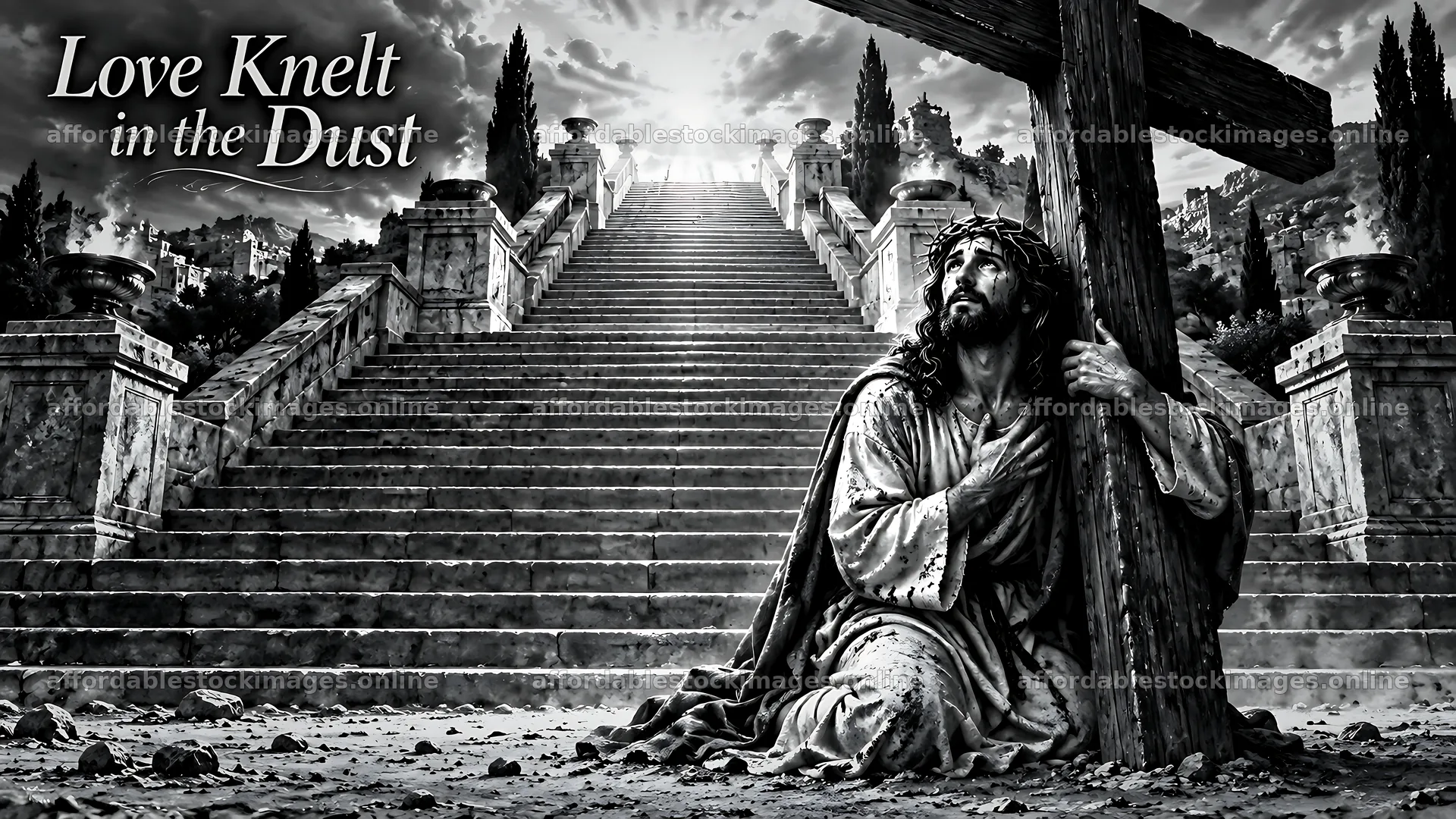 Love knelt in the dust at the foot of a cross – stock images 10580x5954