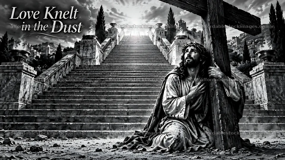 Love knelt in the dust at the foot of a cross – stock images 10580x5954