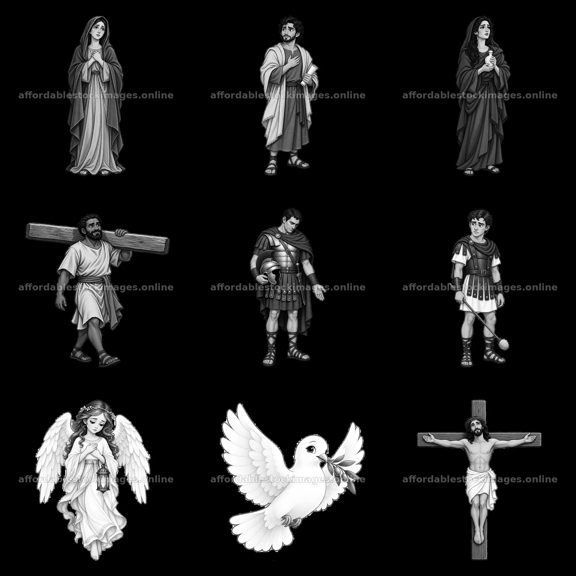 Jesus on the cross with biblical figures and symbols in a grid – stock images 7746x7746