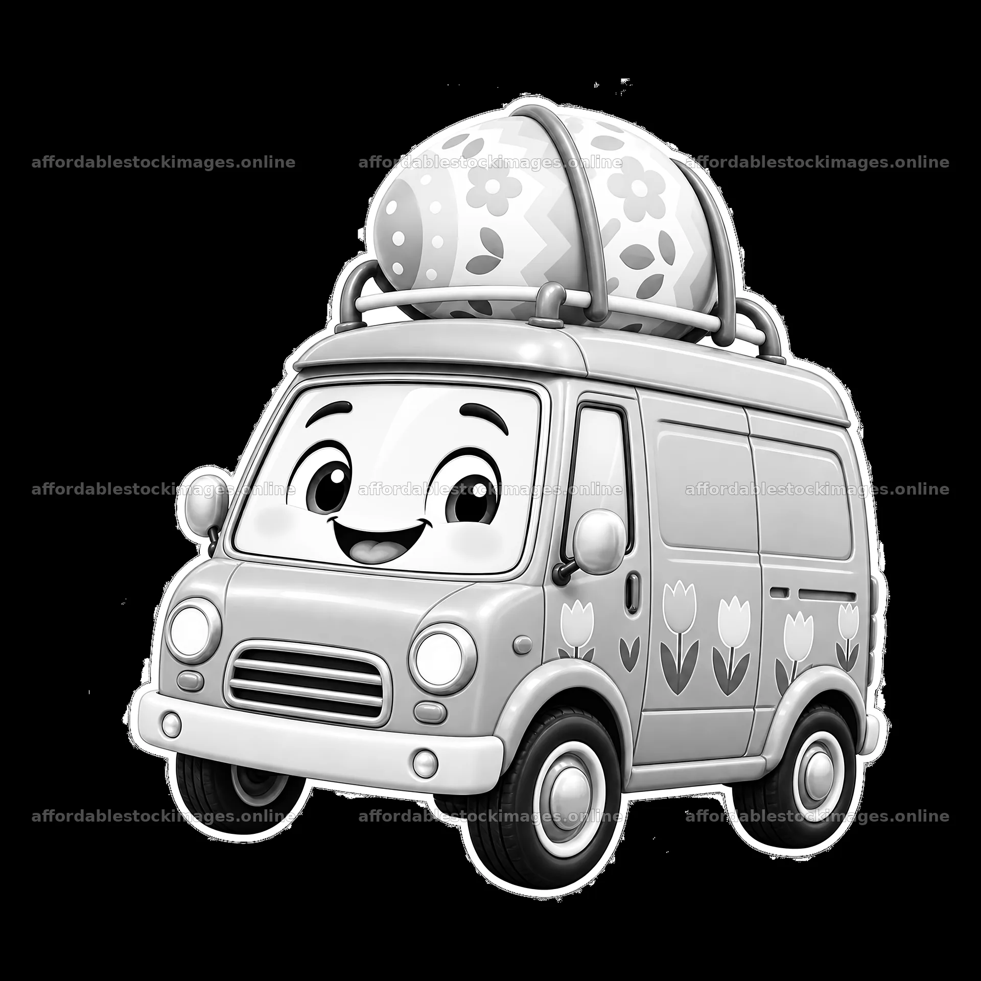 Easter car with a large decorated egg driving happily – stock images 7746x7746