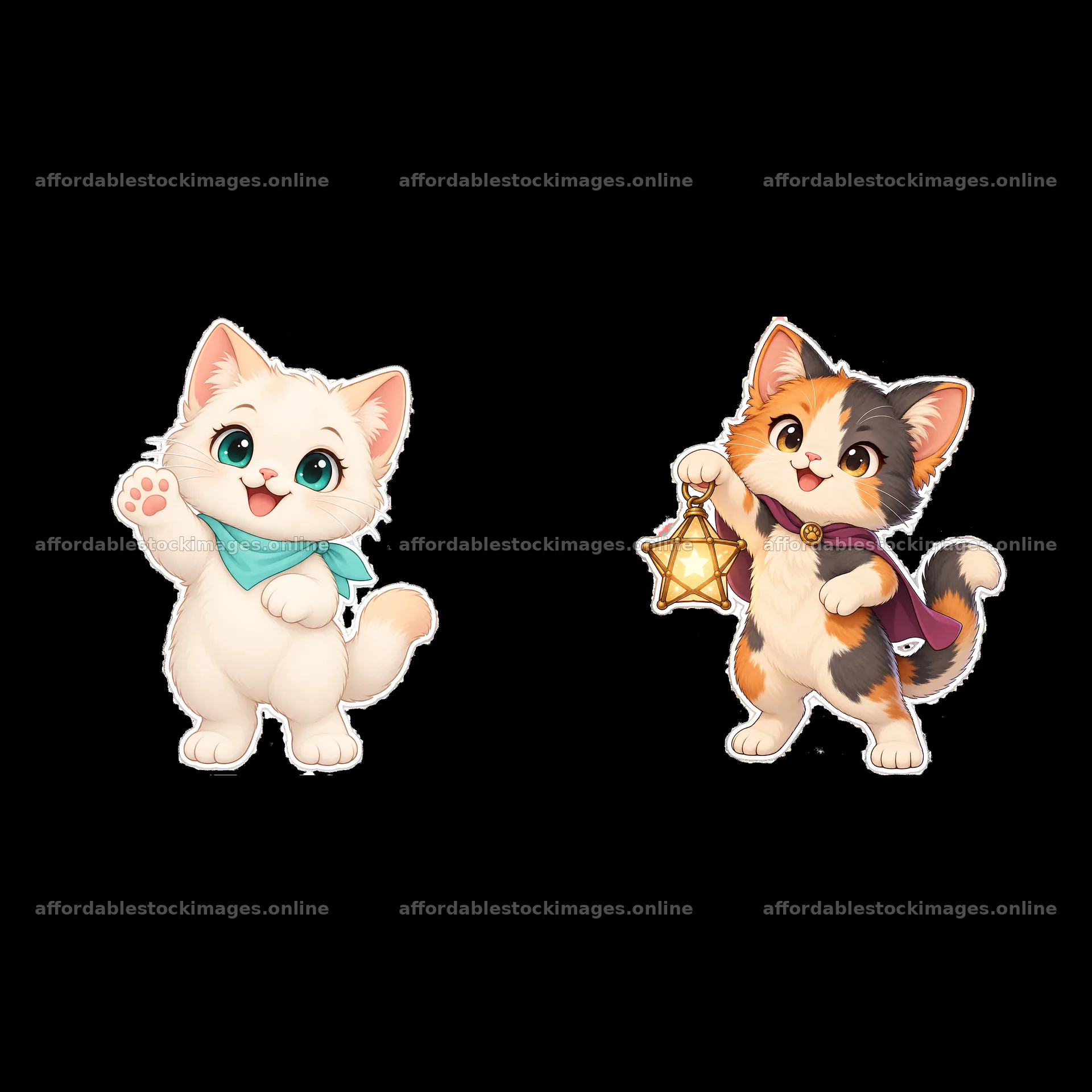 Kawaii cats waving and holding a lantern in a cute sticker set – stock images 7746x7746