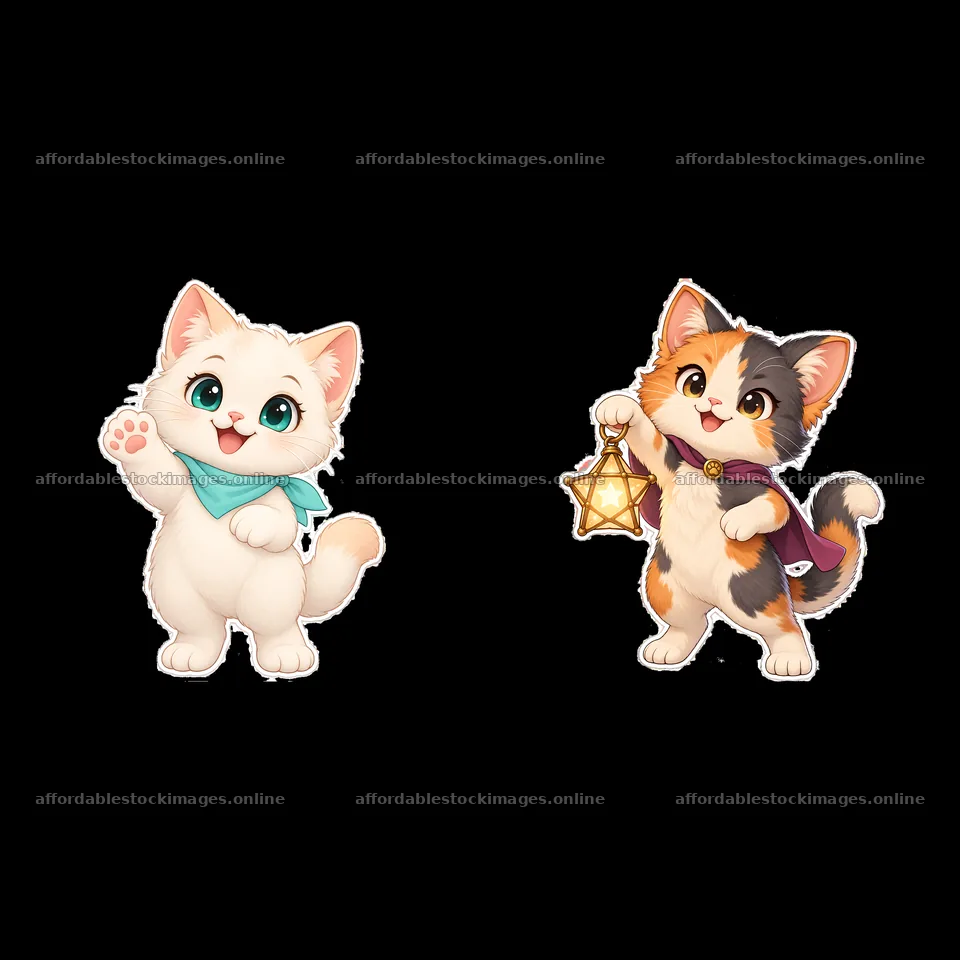 Kawaii cats waving and holding a lantern in a cute sticker set – stock images 7746x7746