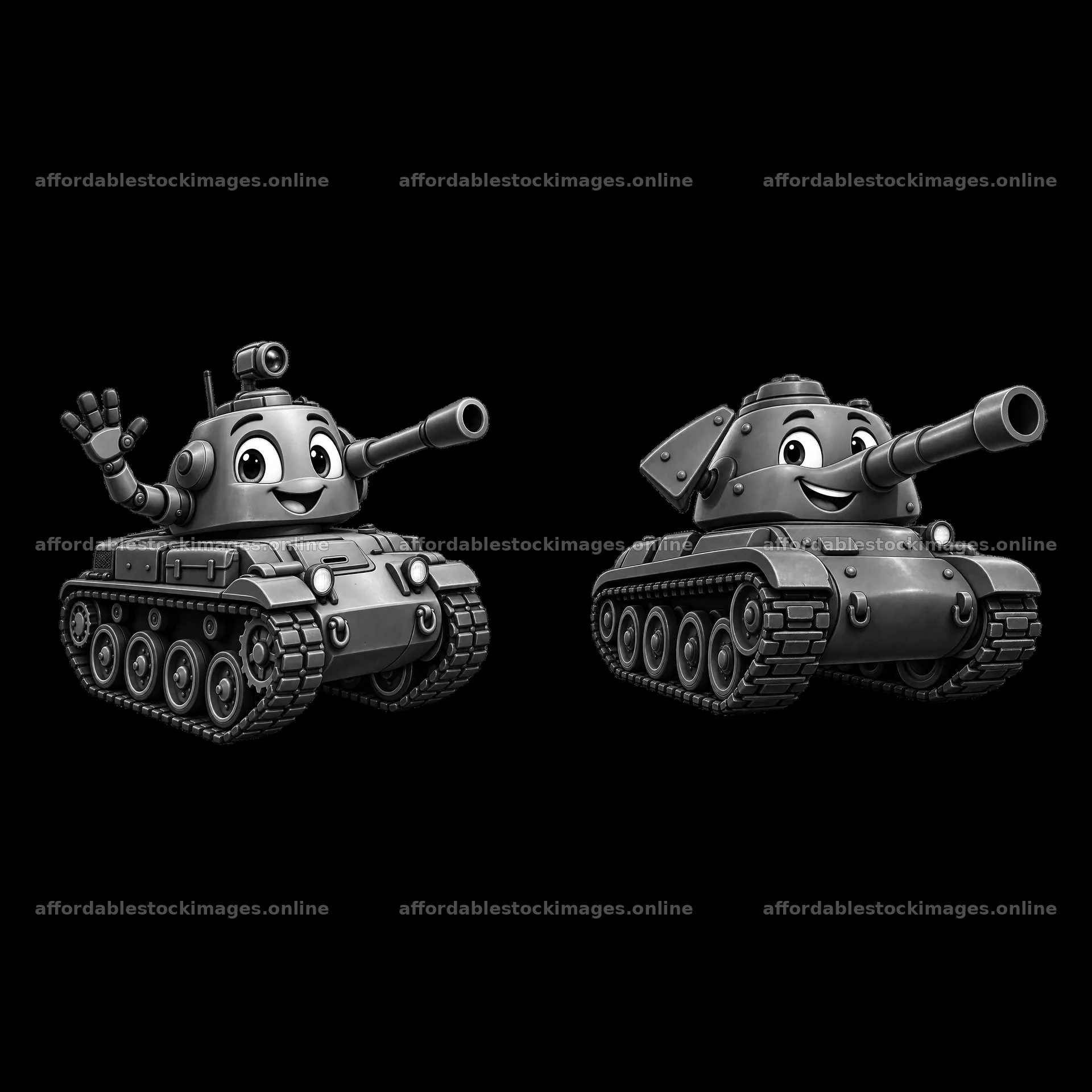 Two cheerful tanks waving and smiling in black and white – stock images 7746x7746