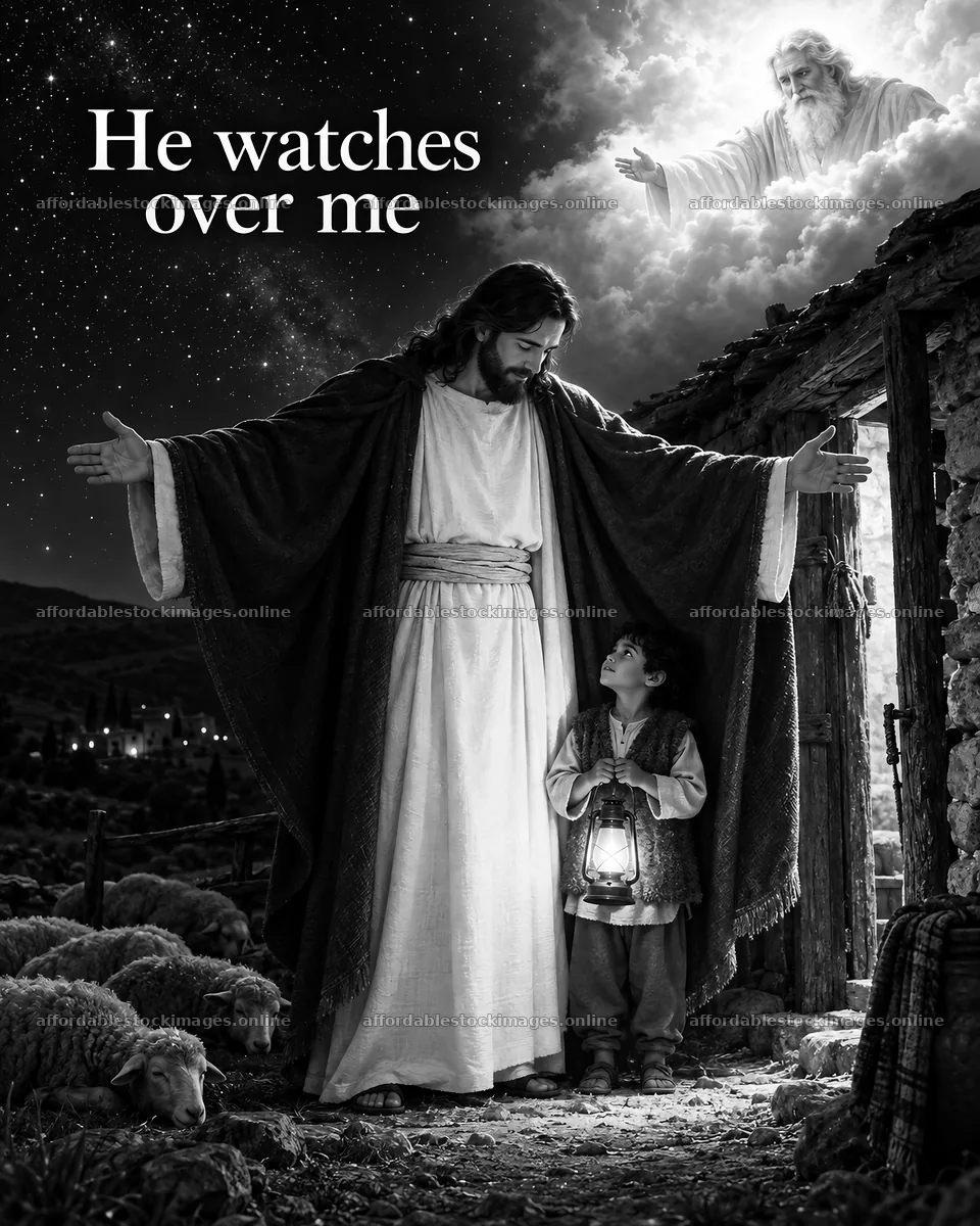 Jesus Christ watches over a child in a peaceful setting – stock images 6930x8659