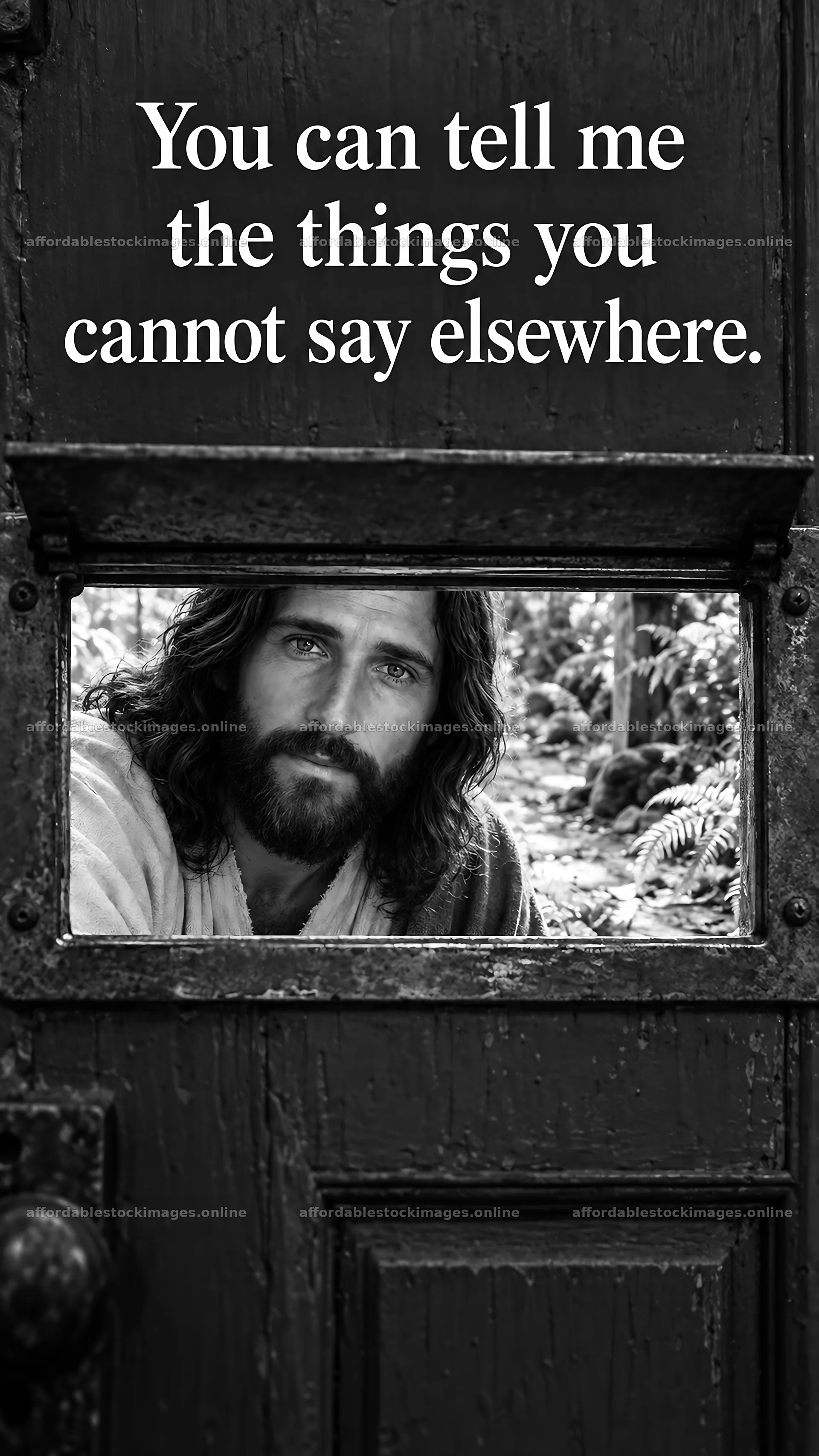 Jesus Christ listening through a door – stock images 5811x10326