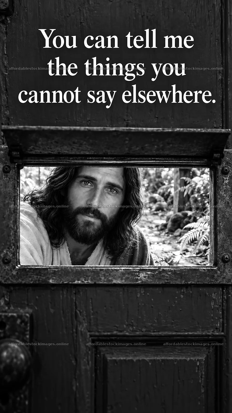 Jesus Christ listening through a door – stock images 5811x10326