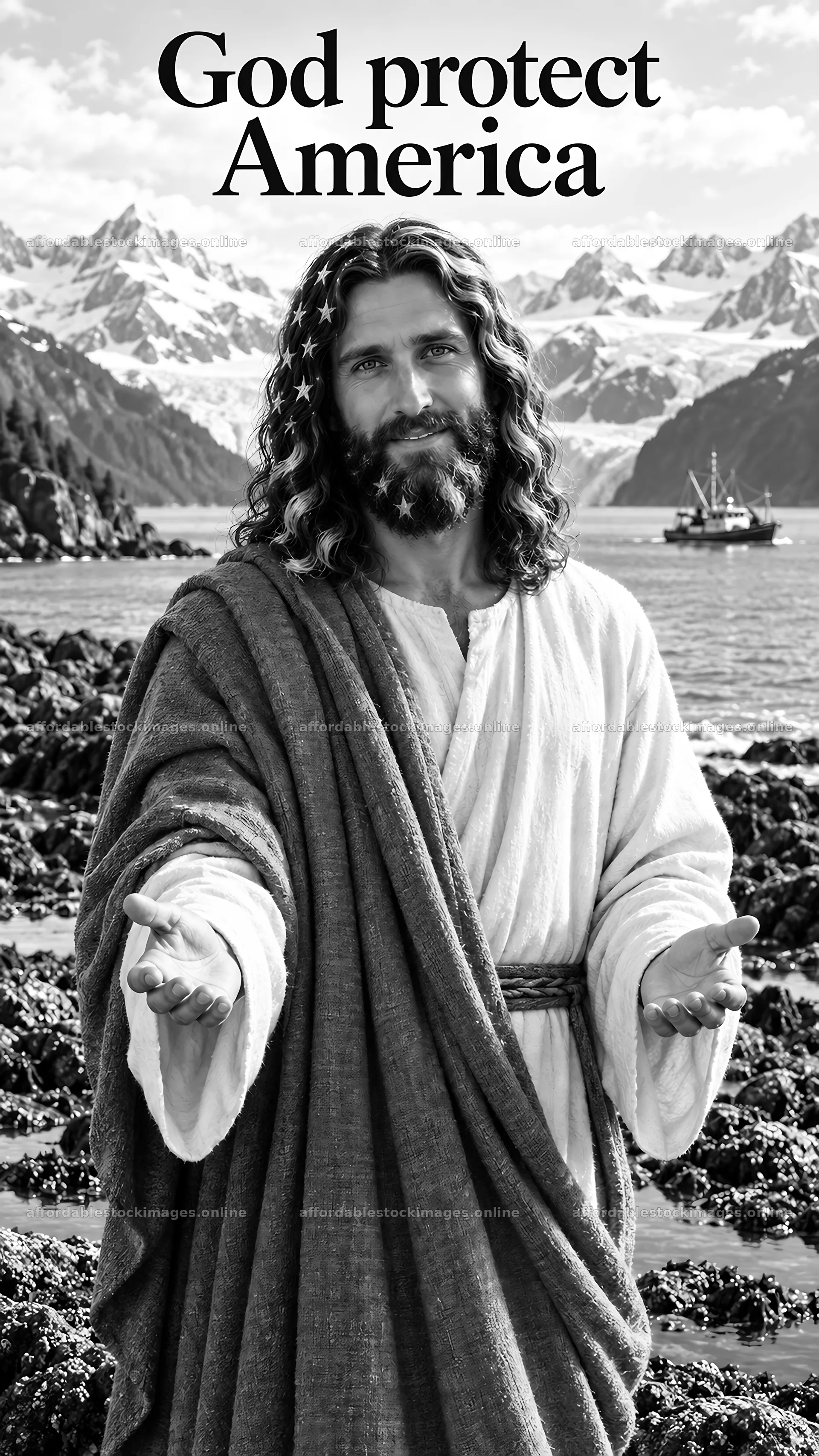 Jesus Christ welcomes with open arms in a scenic landscape – stock images 5811x10326