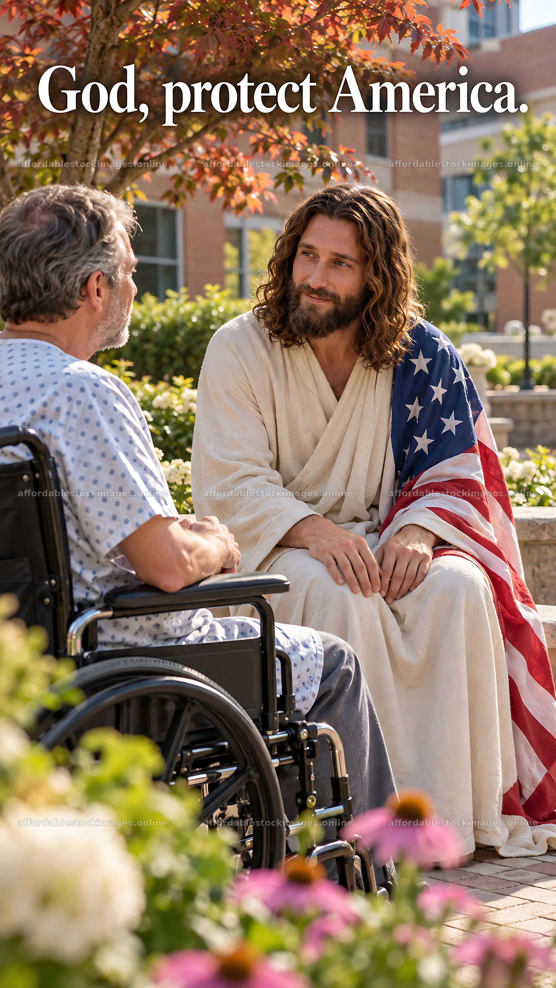 Jesus Christ comforting a sick man in a garden setting – stock images 5811x10326