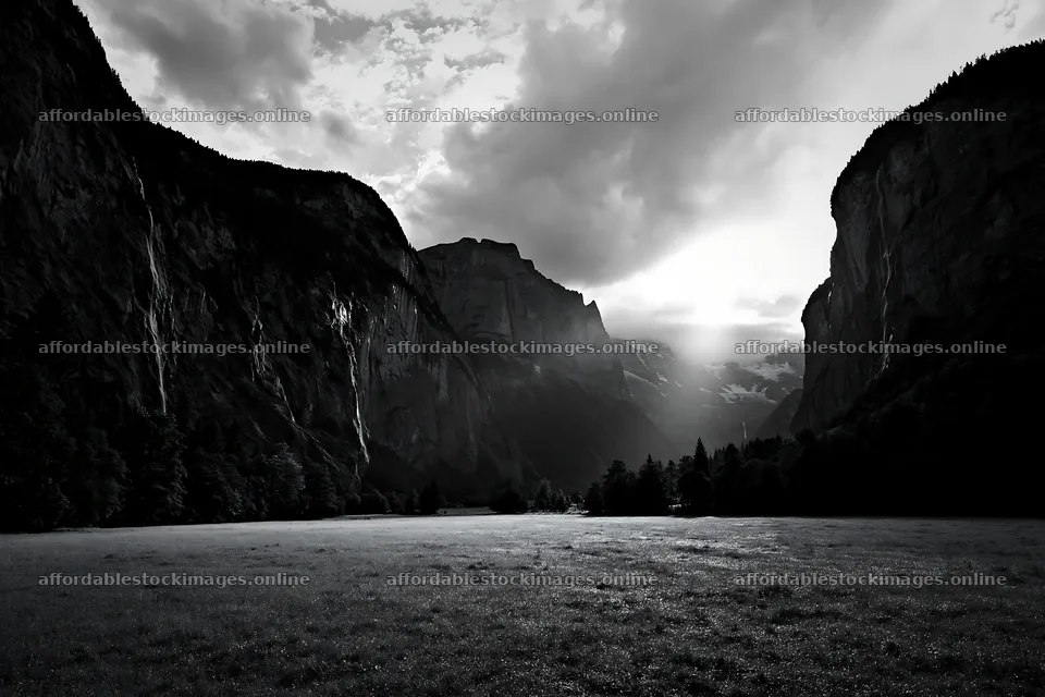 Lauterbrunnen Valley meadow light rays create dramatic landscape – stock images 9722x6480