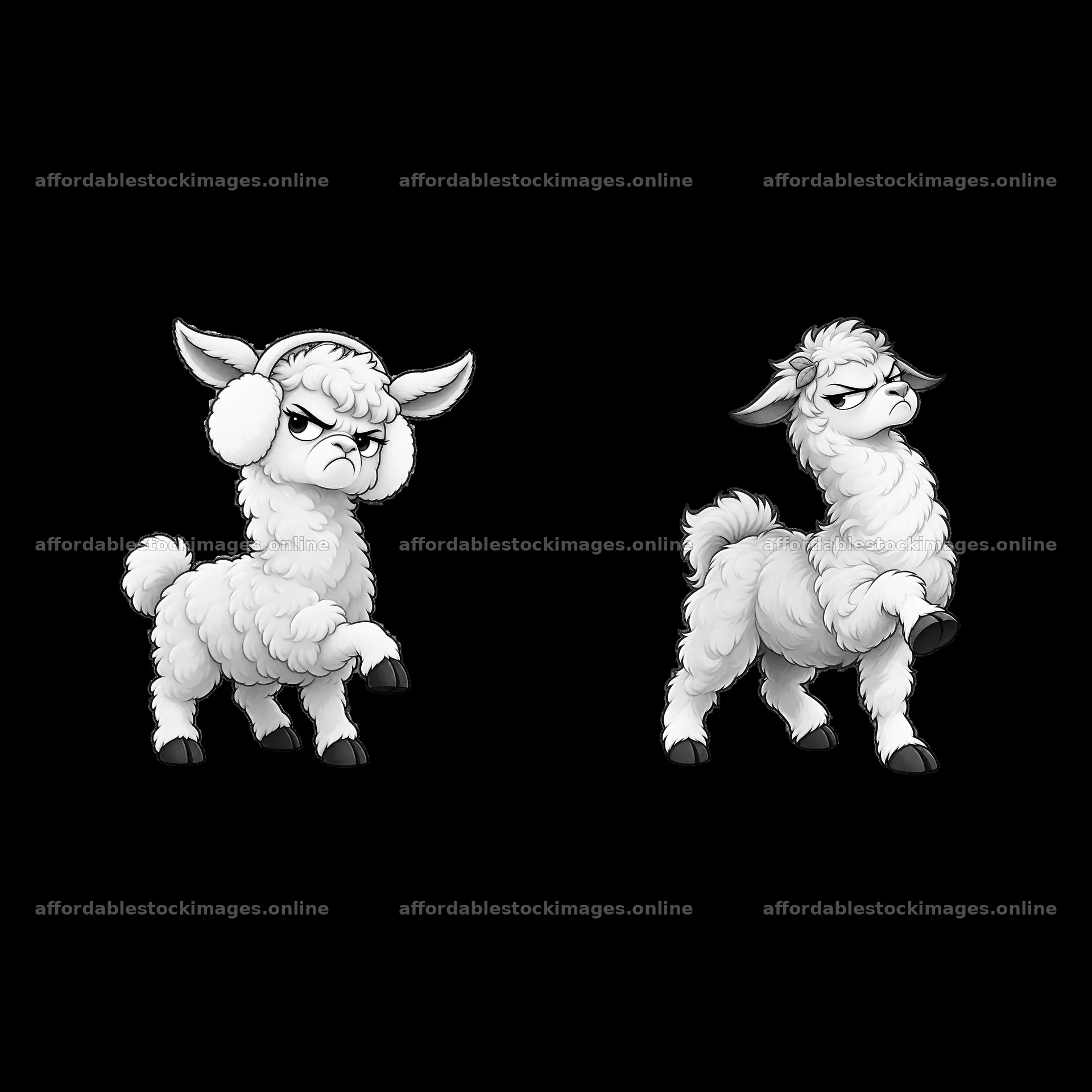 Grumpy llama characters in monochrome artwork – stock images 7746x7746