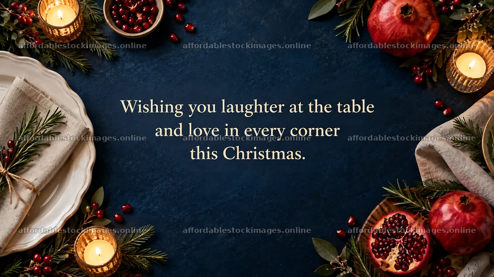 Christmas Table Greeting with Pomegranates and Candles – stock images 10324x5812