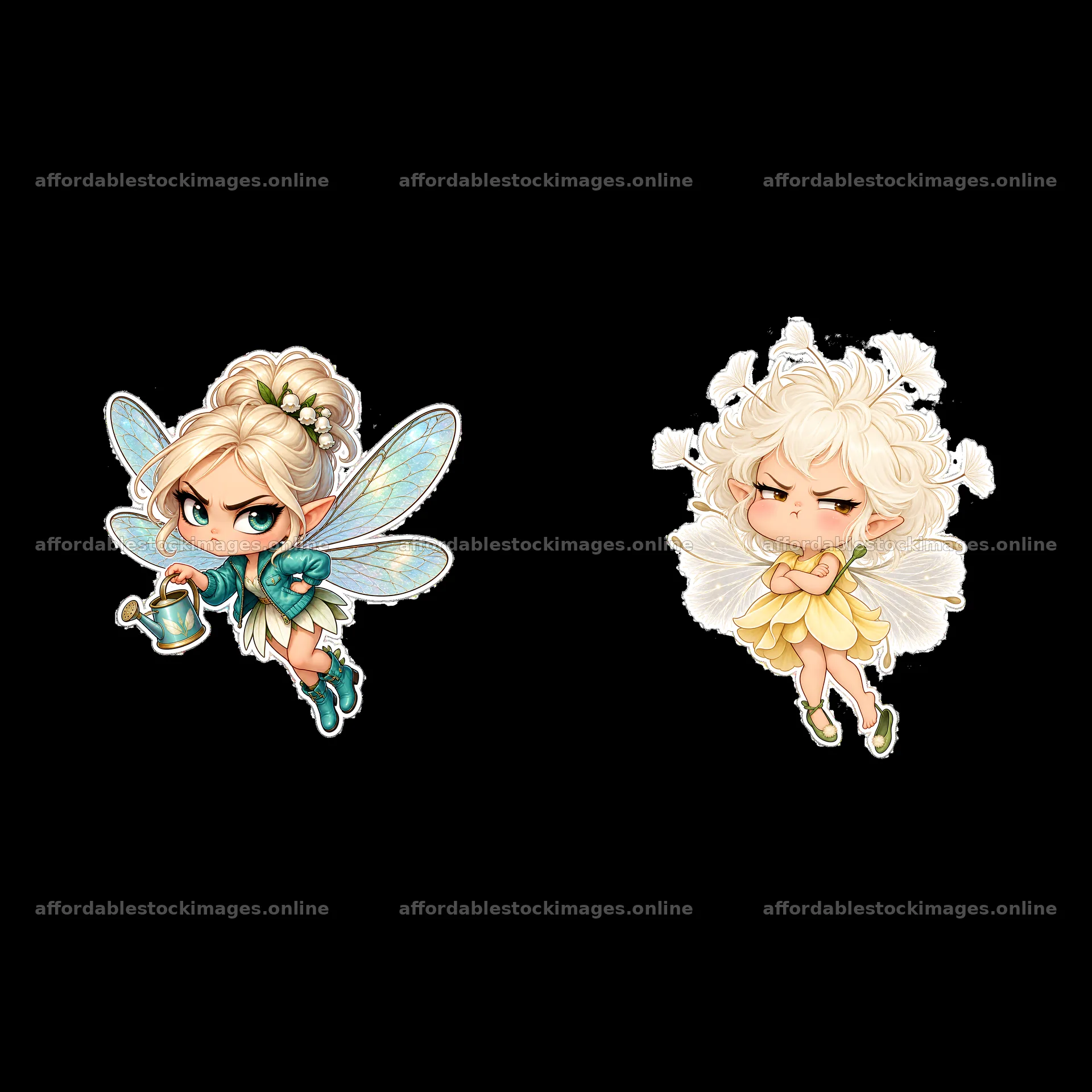 Kawaii grumpy fairy stickers with watering can and crossed arms – stock images 7746x7746