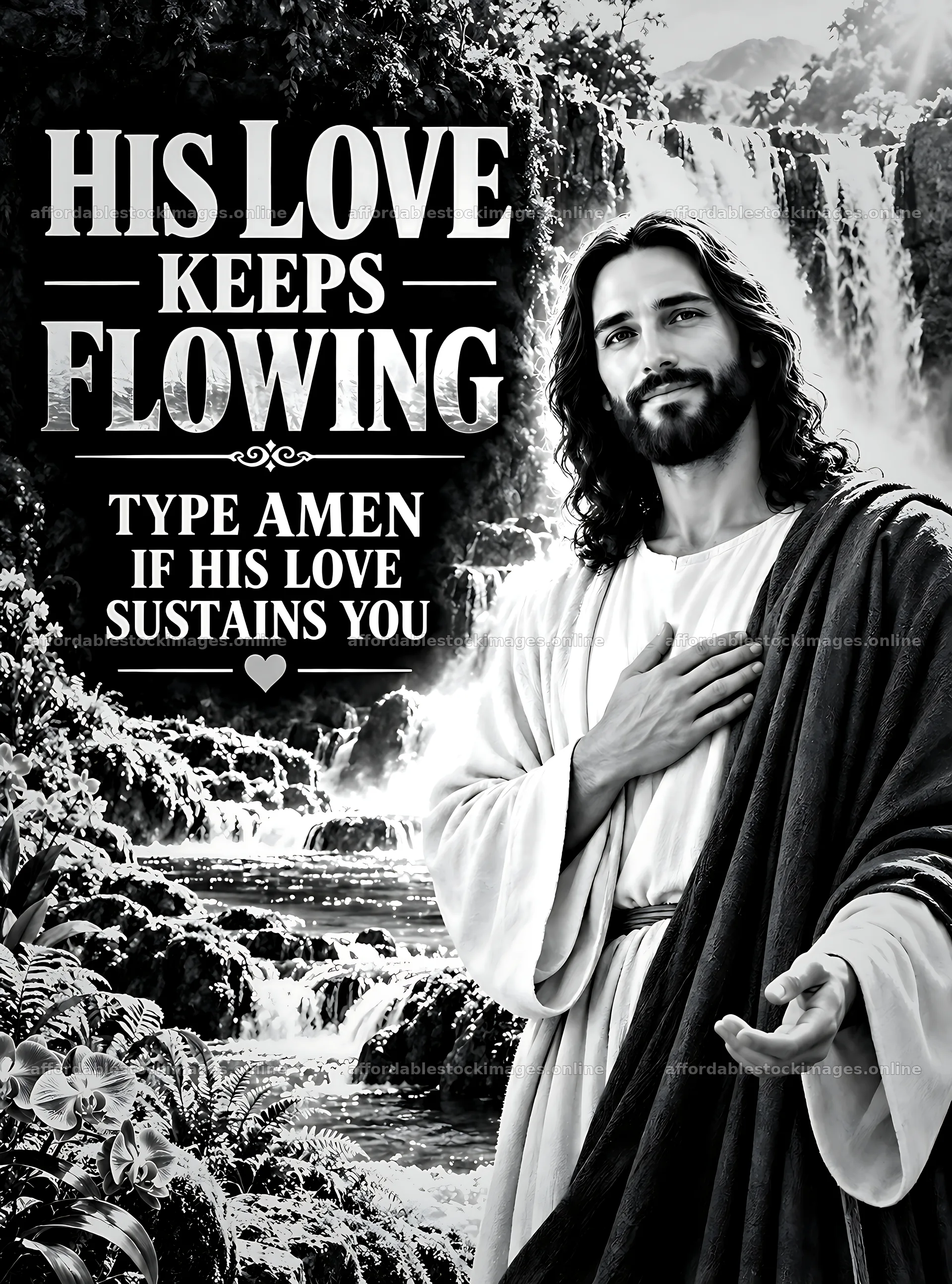 His love keeps flowing beside the waterfall – stock images 6834x9220