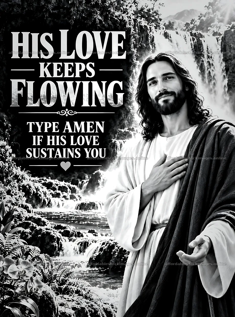 His love keeps flowing beside the waterfall – stock images 6834x9220