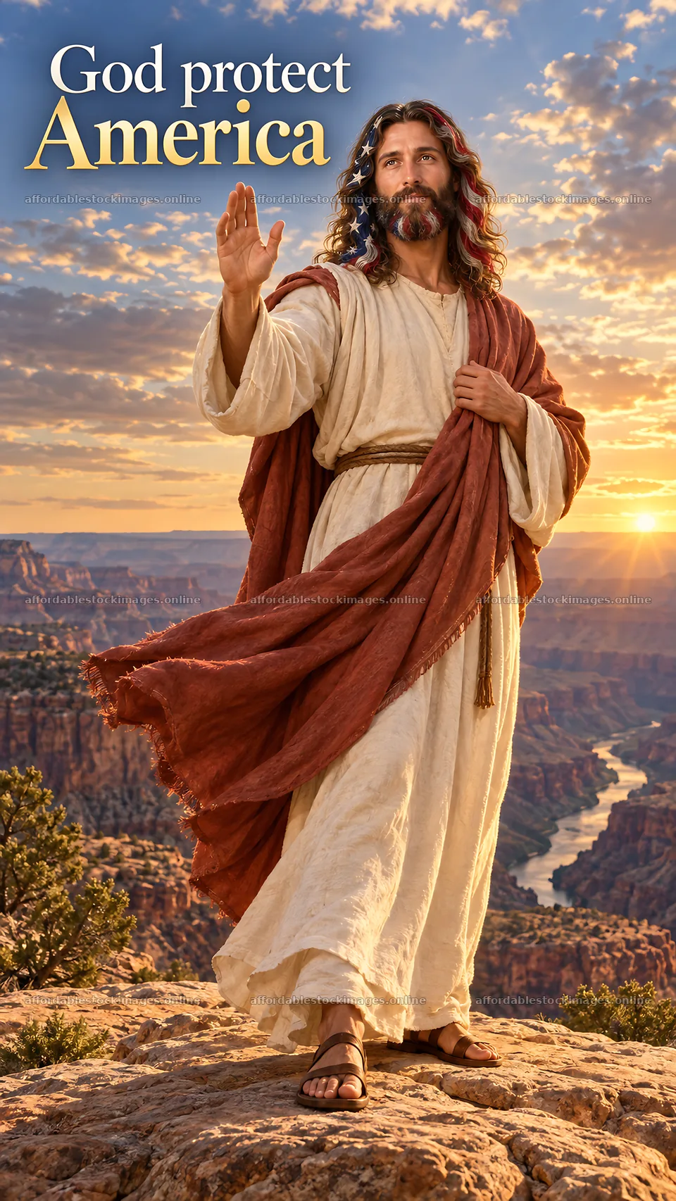 Jesus Christ standing and blessing at sunset over a canyon – stock images 5811x10326