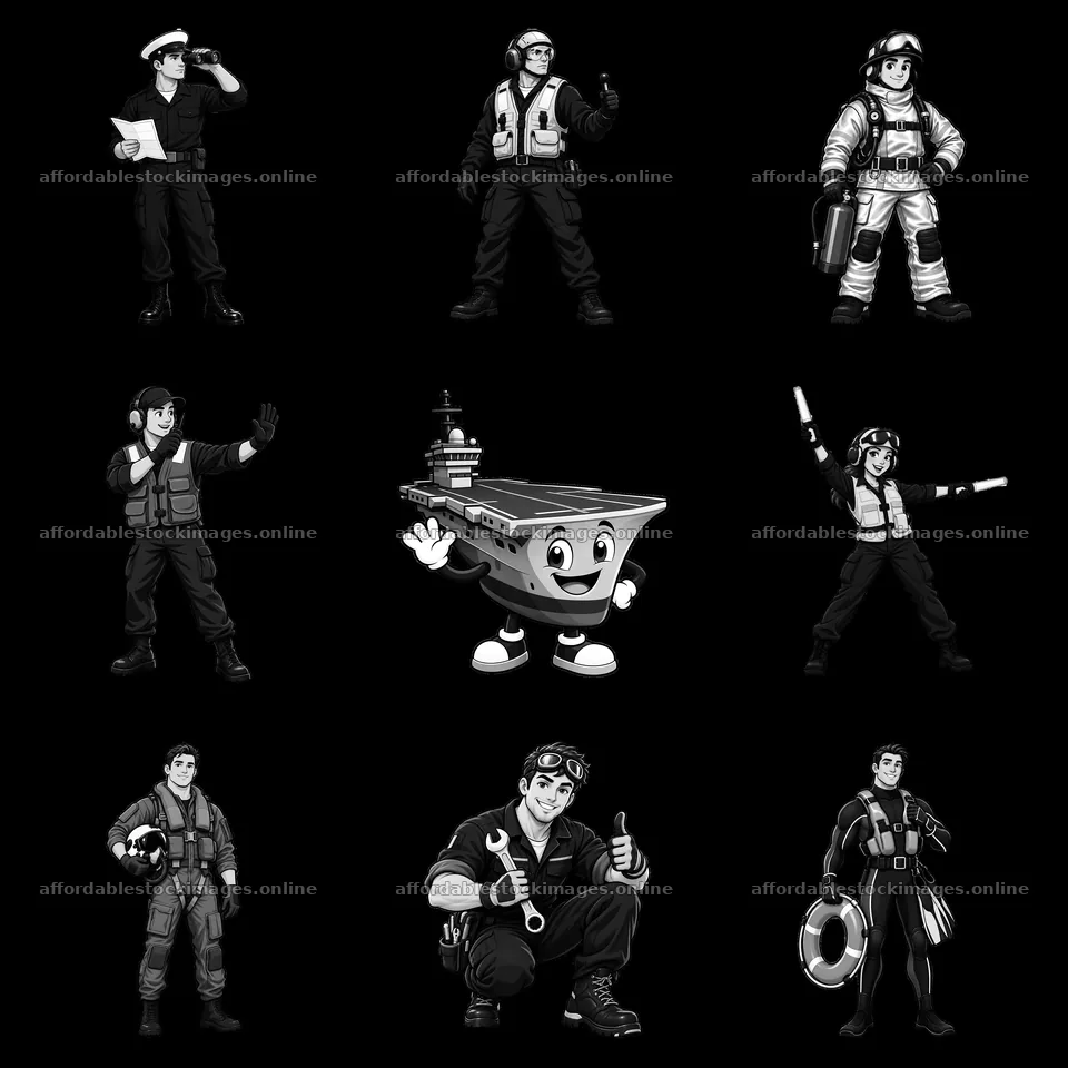 Cartoon characters and aircraft carrier theme in black and white – stock images 7746x7746