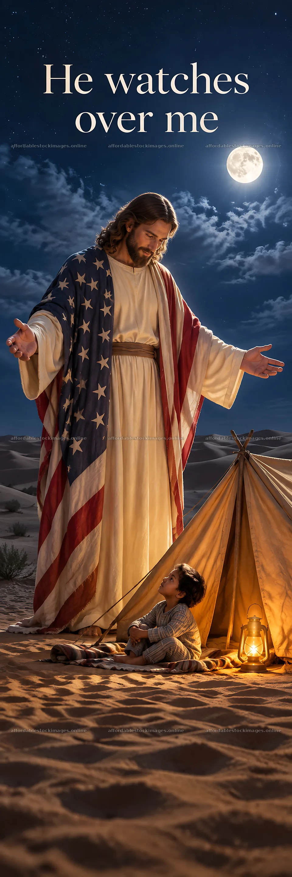 Jesus Christ watches over a child in a desert setting – stock images 4472x13417