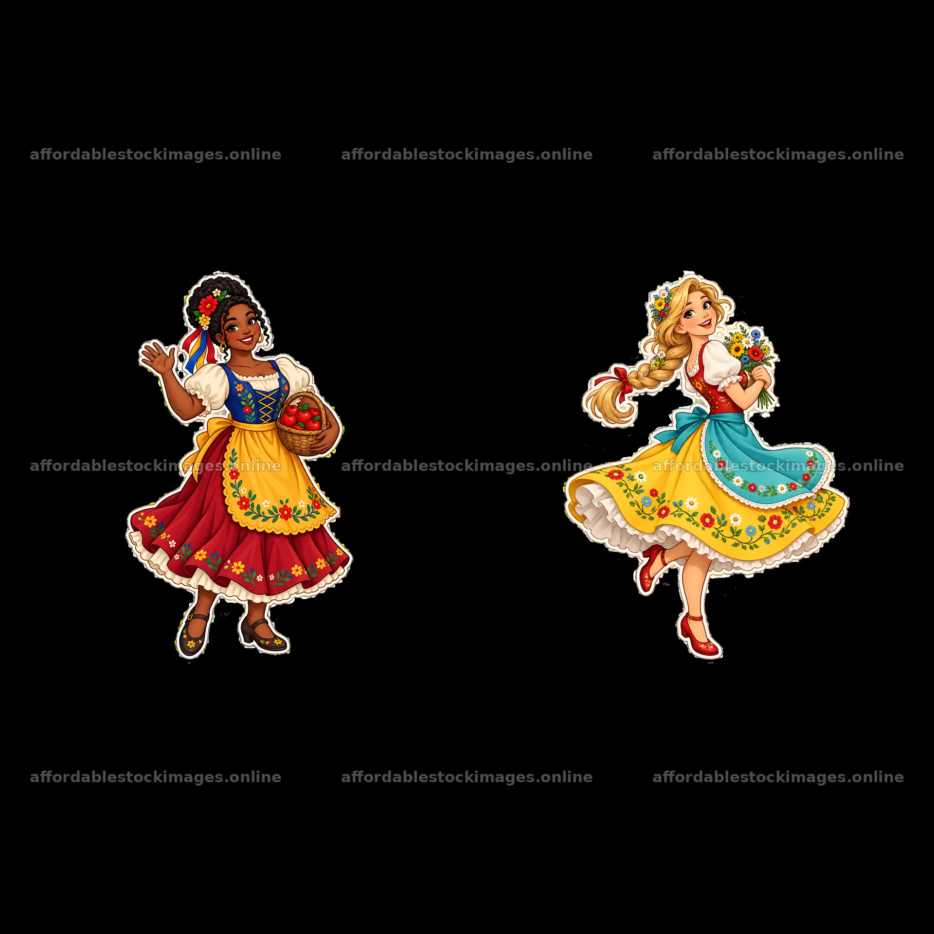 Women in traditional folk dress holding baskets and flowers – stock images 7746x7746
