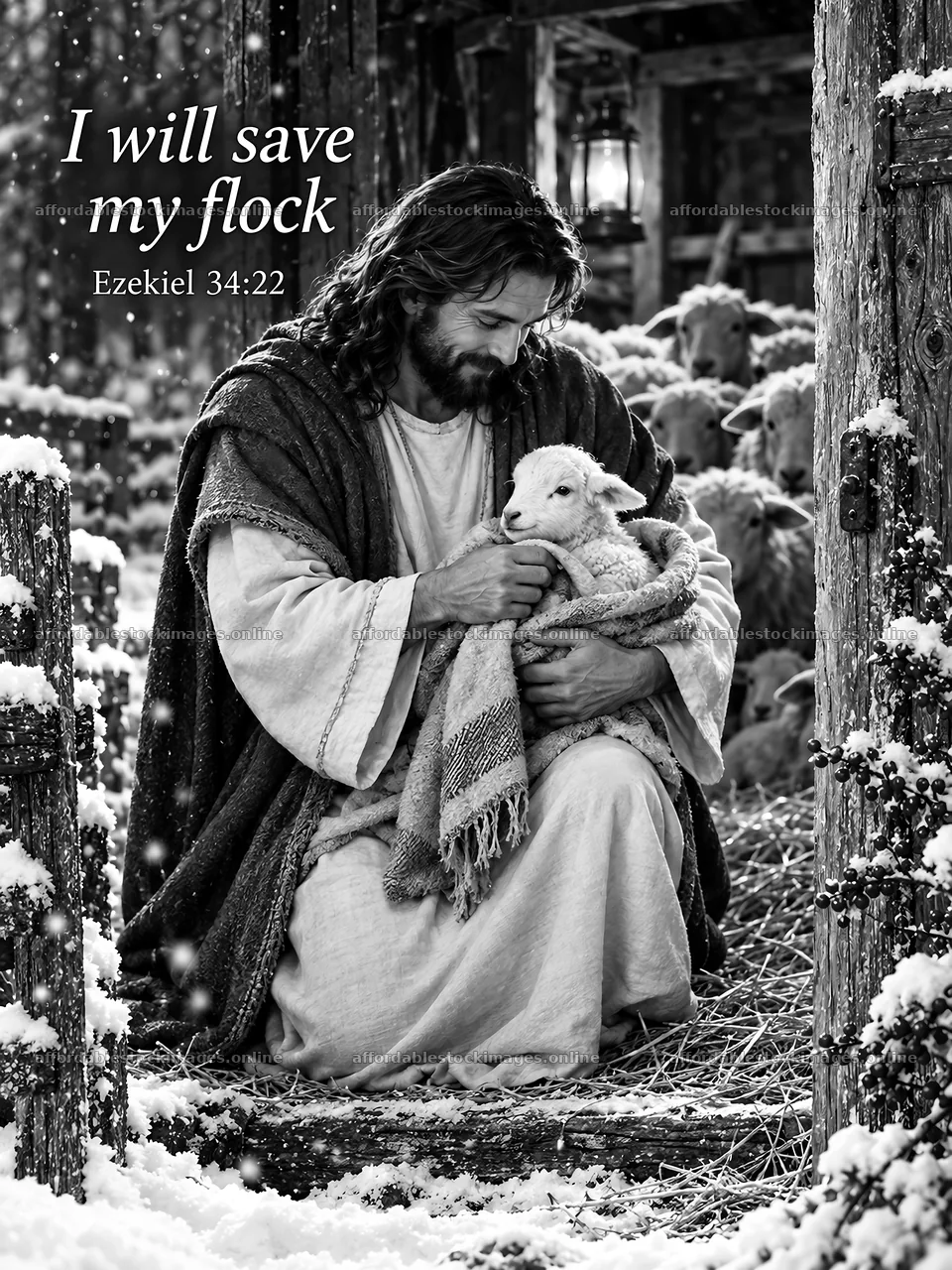 Jesus Christ caring for a lamb in a snowy setting – stock images 6708x8945