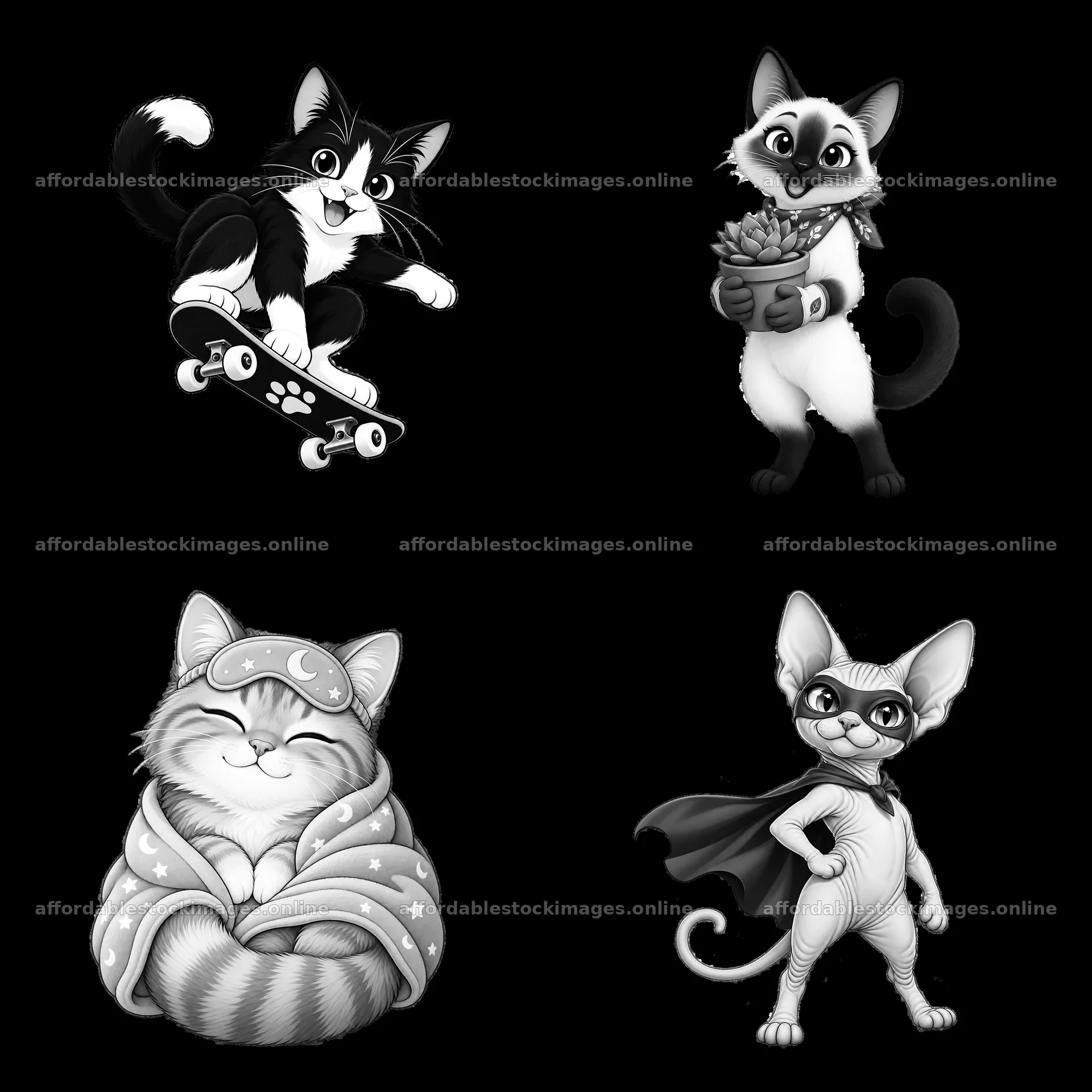 Cartoon cat characters with various activities in a 2x2 layout – stock images 7746x7746