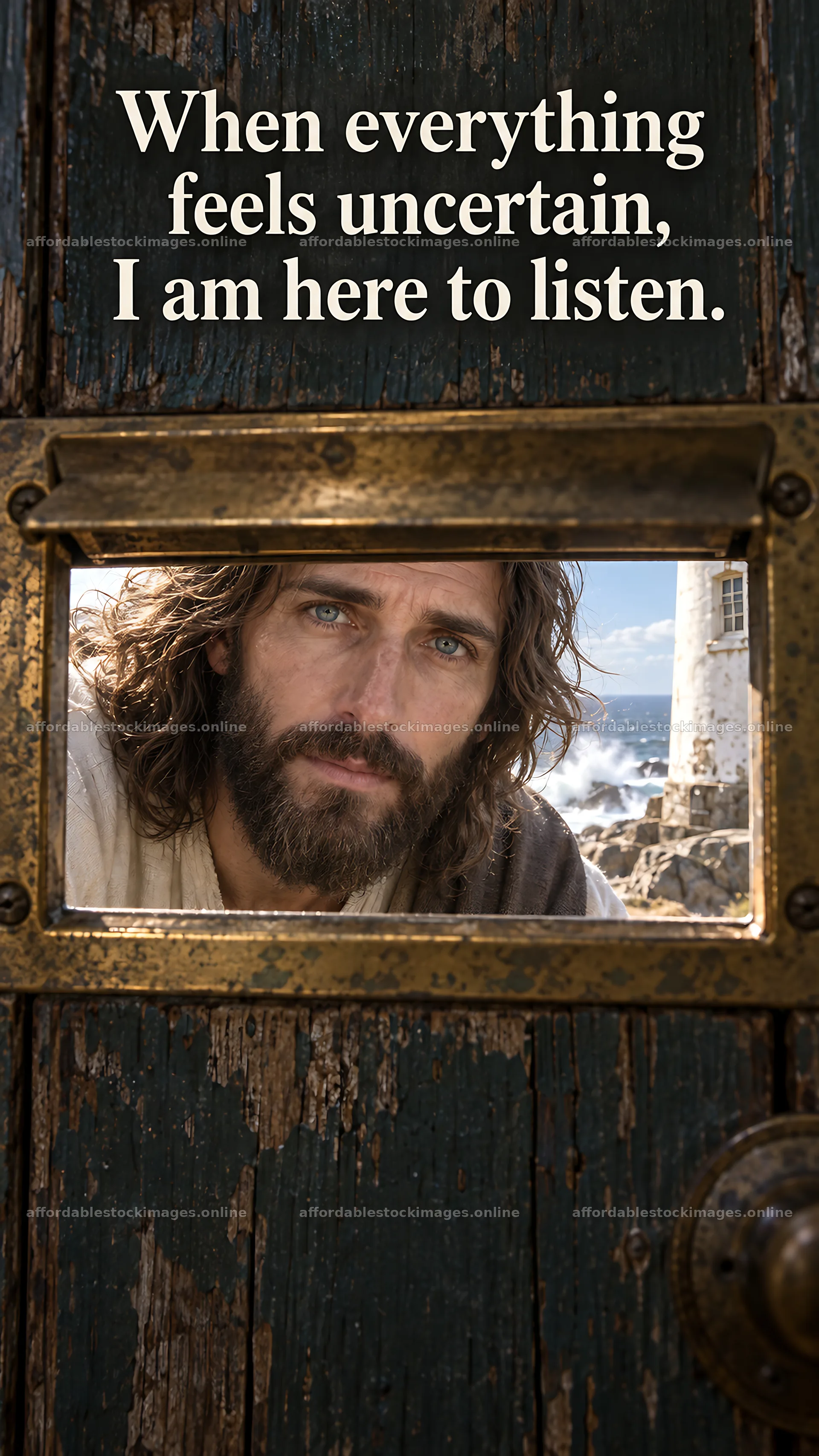 Jesus Christ offers comfort through an open door – stock images 5811x10326