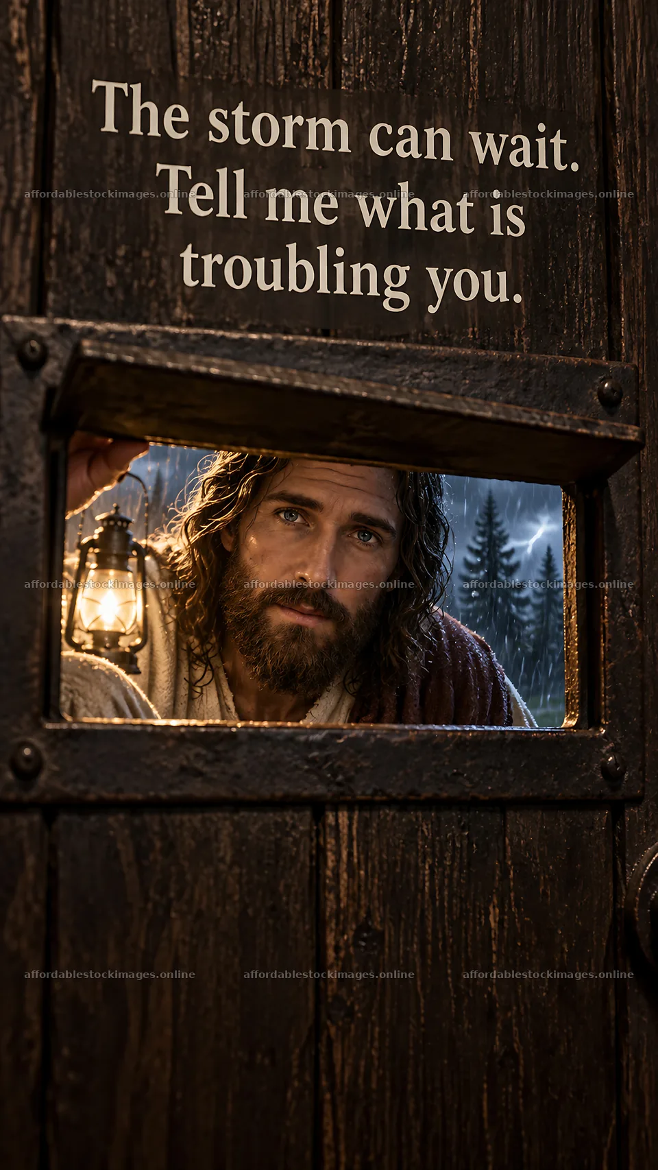Jesus Christ comforts a troubled person at a door – stock images 5811x10326