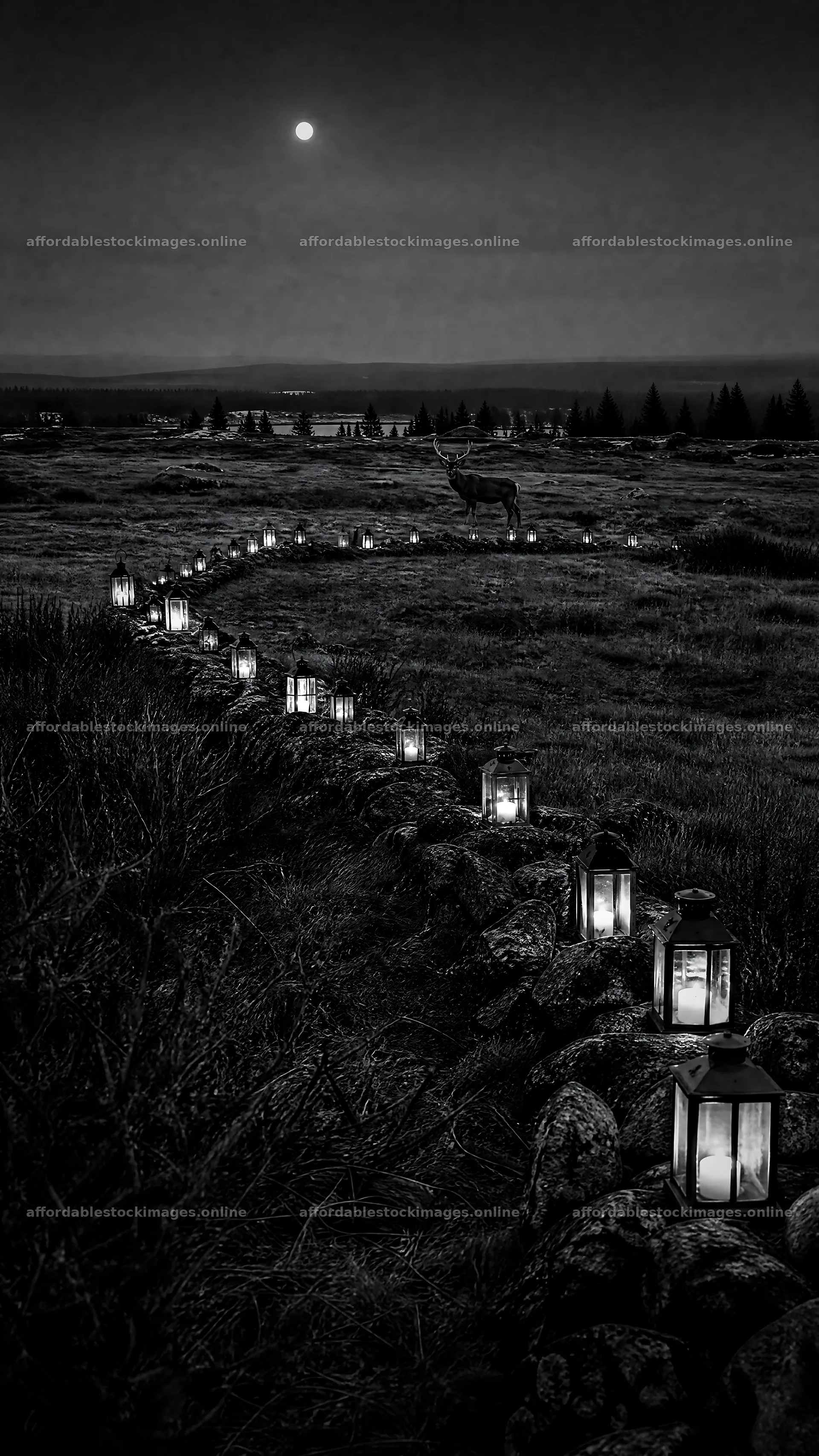 Colorful Christmas lanterns across meadow in night light – stock images 5952x10584