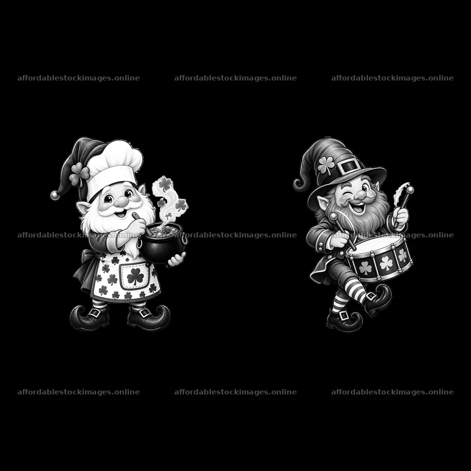St. Patrick's Day gnome with pot of gold and drumming gnome – stock images 7746x7746