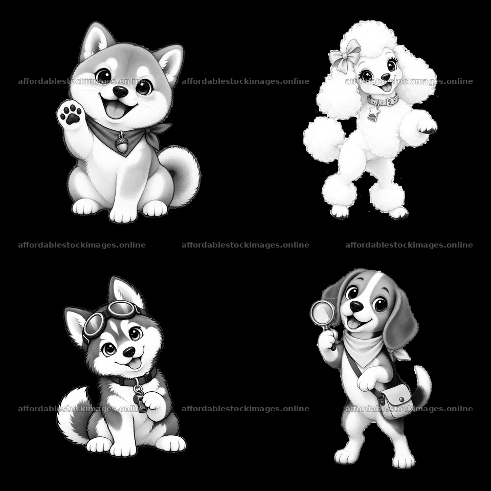 Cute K-9 dog cartoon stickers in playful poses and outfits – stock images 7746x7746