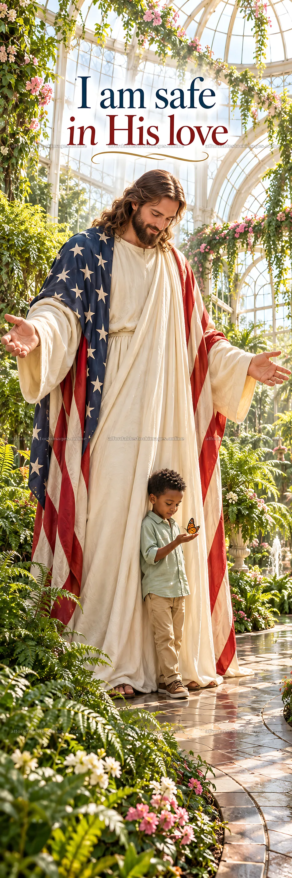 Jesus Christ welcomes a child in a garden setting – stock images 4472x13417